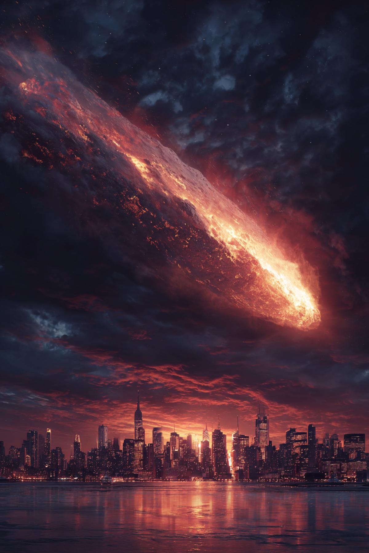big asteroid approaching the night Manhattan burning in atmosphere covering half of the skies catastrophe is soon national geographic photo