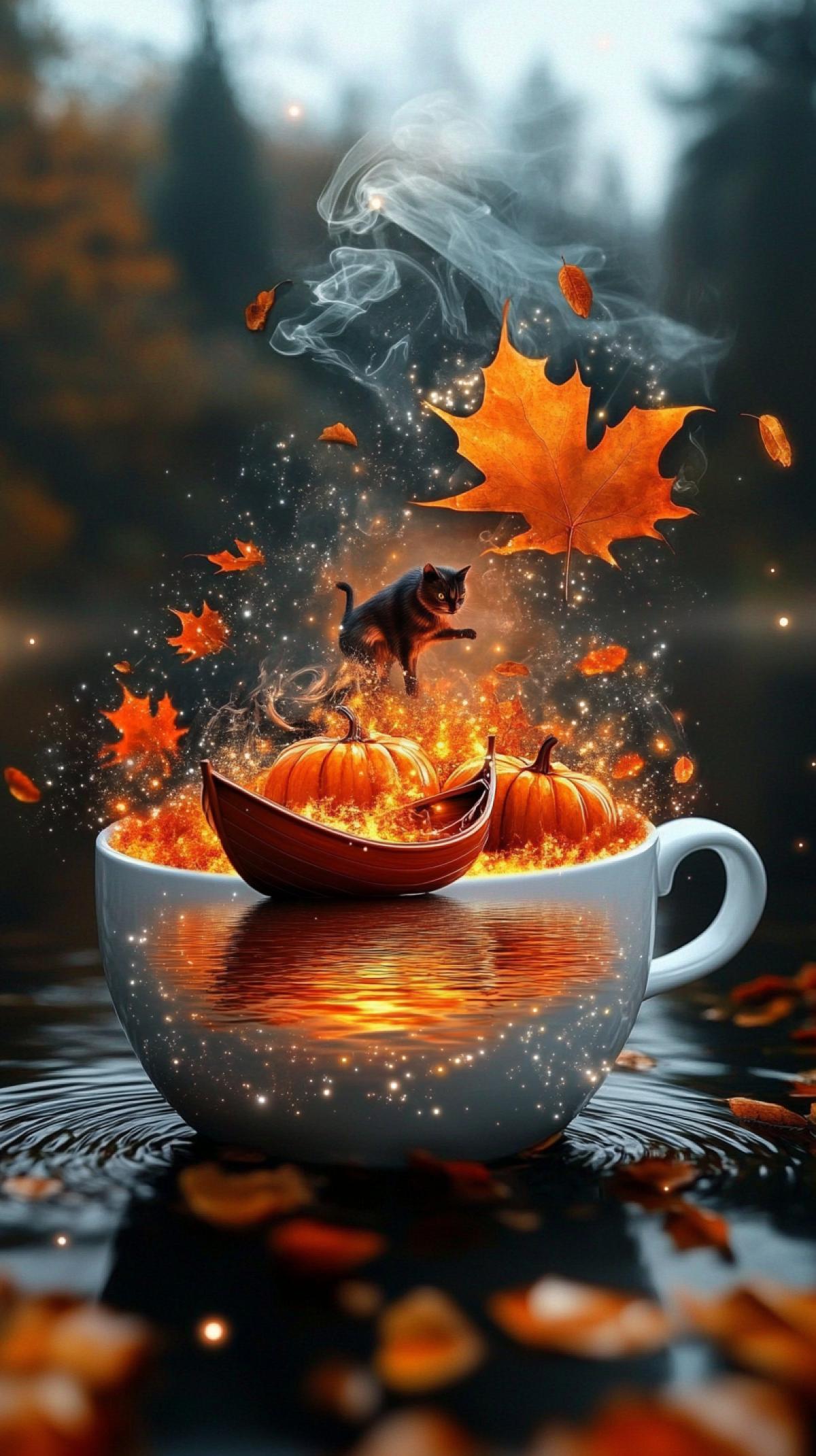 Macro photography. Subtle,light,elegant, aesthetically pleasing. Against a blurred background,a 3D fairytale magical microcosm of fractals in silver and amber shades of thick smoke and fog pours from inside a white cup over the rim.A lake, pumpkin,and an elegant dark cat in a boat,leaves, and dark fog are woven from fractals of smoke and internal glow.Complex relief art of an explosion of amber glitter, golden glitter, smoke Dynamic. Double exposure,close-up, sur-fantasy cartoon.3D rendering.