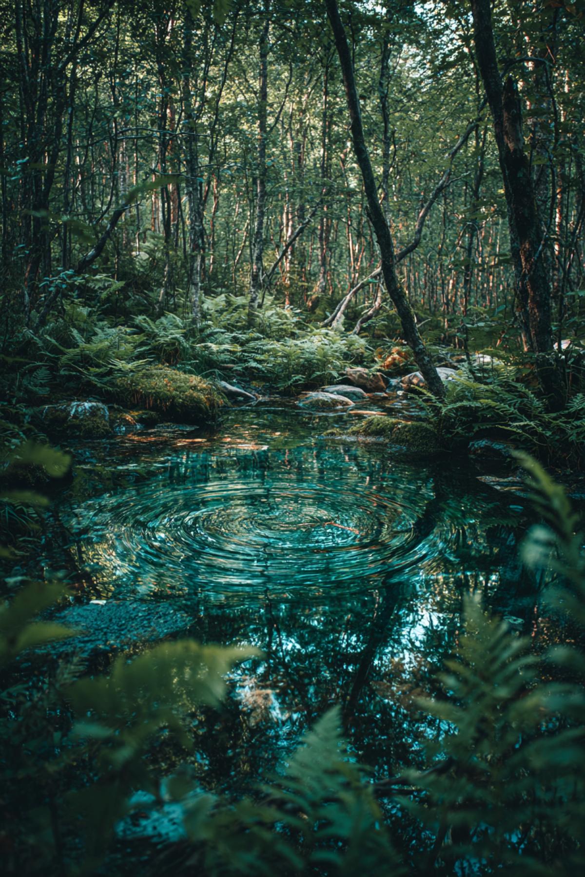 A furious whirlpool in the middle of a forest pond hidden in a thicket of ferns.