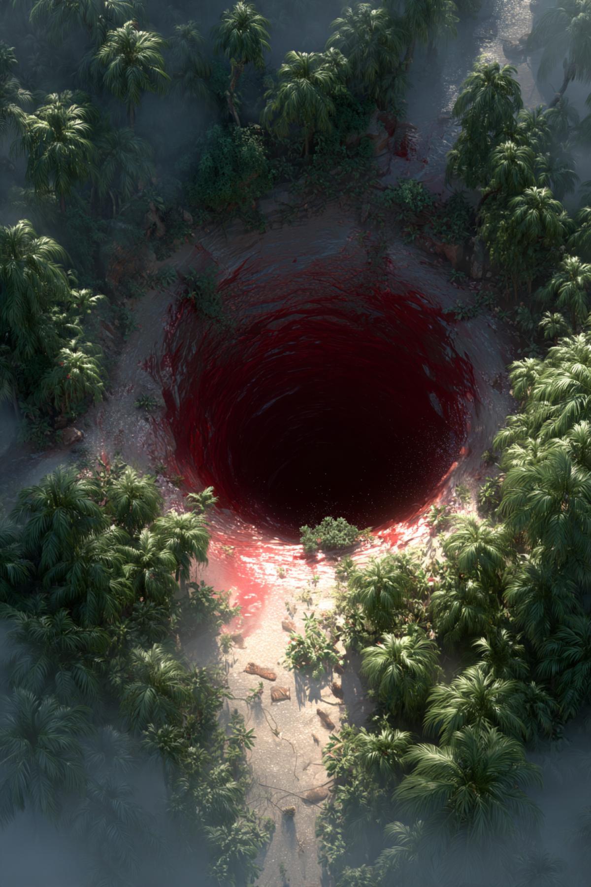 A furious whirlpool in the middle of a forest pond hidden in a thicket of ferns.