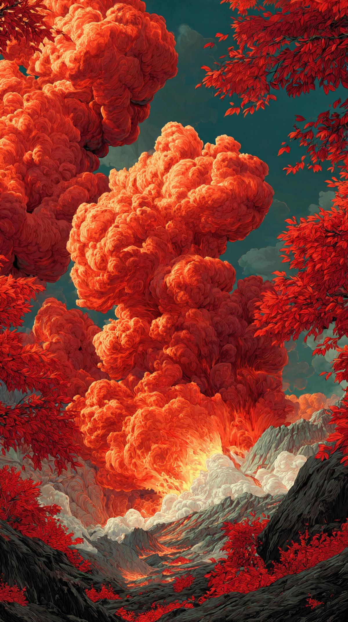 Fiery maple leaves in the form of an eruption of volcano surrealism landscape