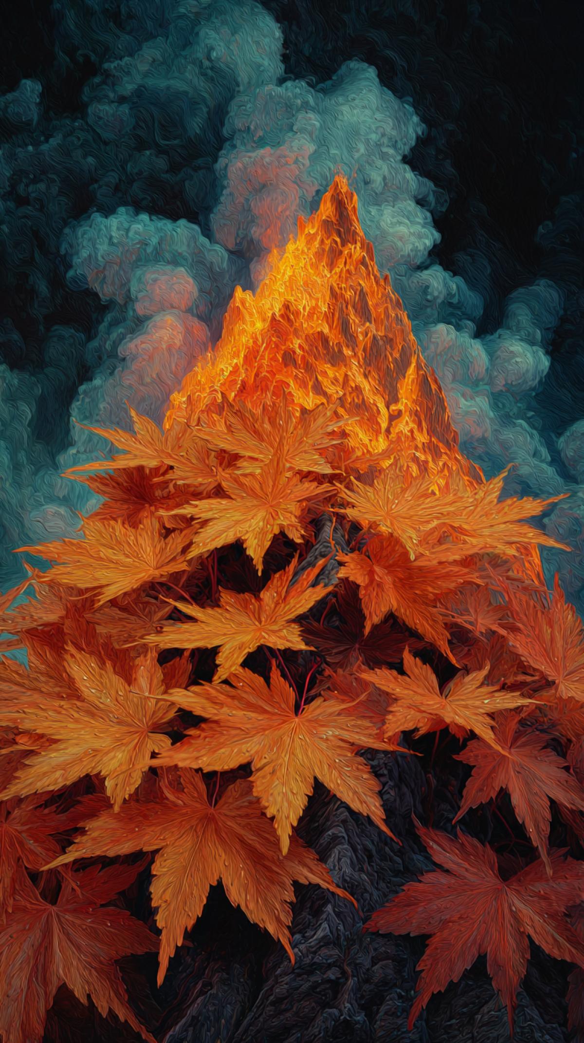Fiery maple leaves in the form of an eruption of volcano surrealism landscape
