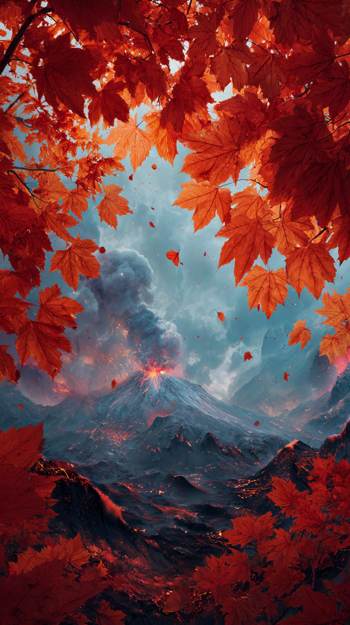 Fiery maple leaves in the form of an eruption of volcano surrealism landscape