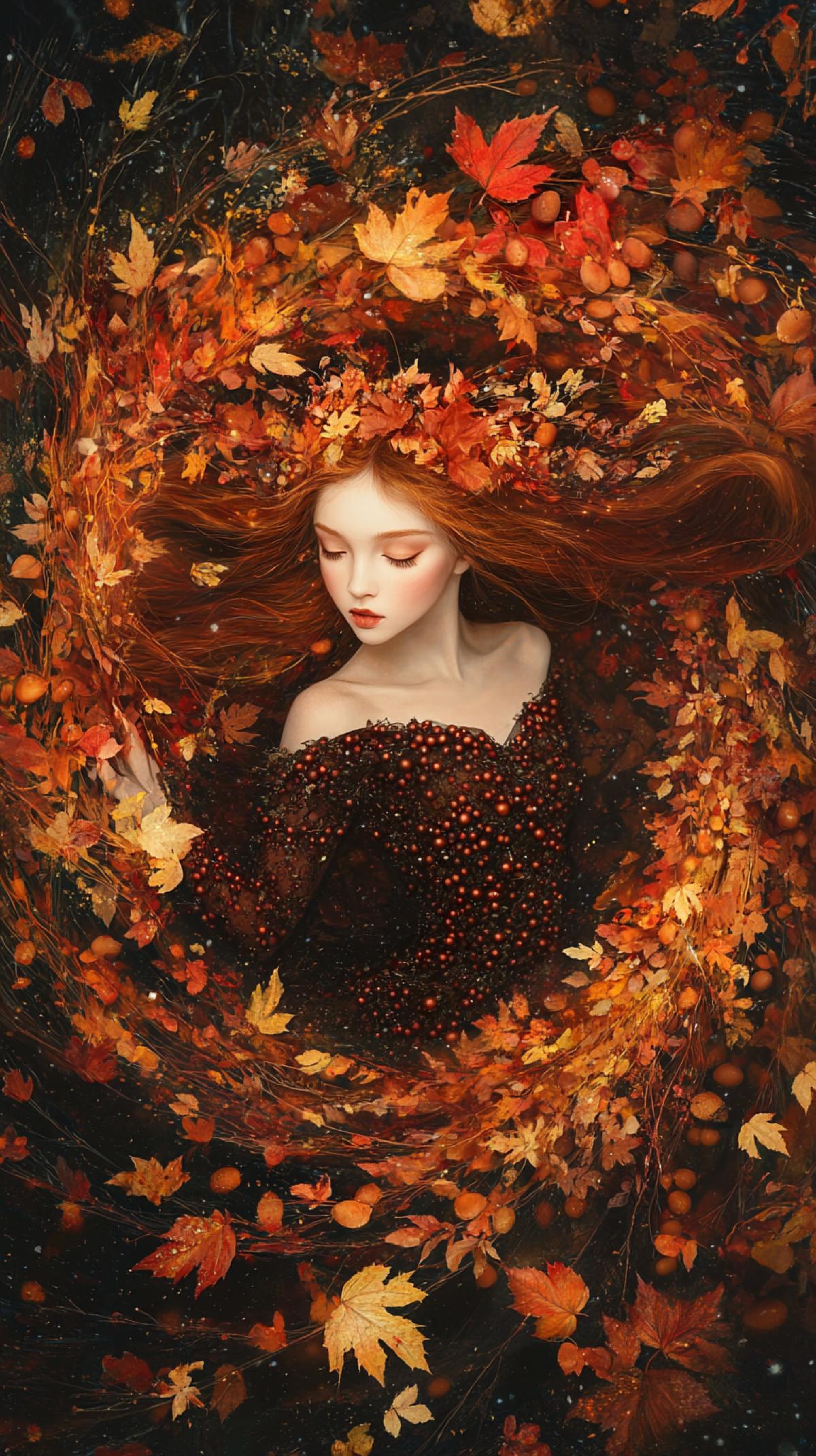 A dancing lady, autumn, flies in a crown of rowan berries, autumn leaves, and amber acorns. A refined face, style baby doll, lush long eyelashes, and long wavy copper hair are gathered into two buns on her head. A dress of dark autumn leaves flutters in the wind. In a spiral vortex of maple autumn leaves, a vortex of yellow and red leaves, electronic dots, light-emitting patterns, spectral pigments spread in the air, a bright amber backlight inside, a background of night on planet Earth, a view from orbit, sunrise, backlighting, diagonal view, professional photo, Ultra HD, high detail ar 9:16