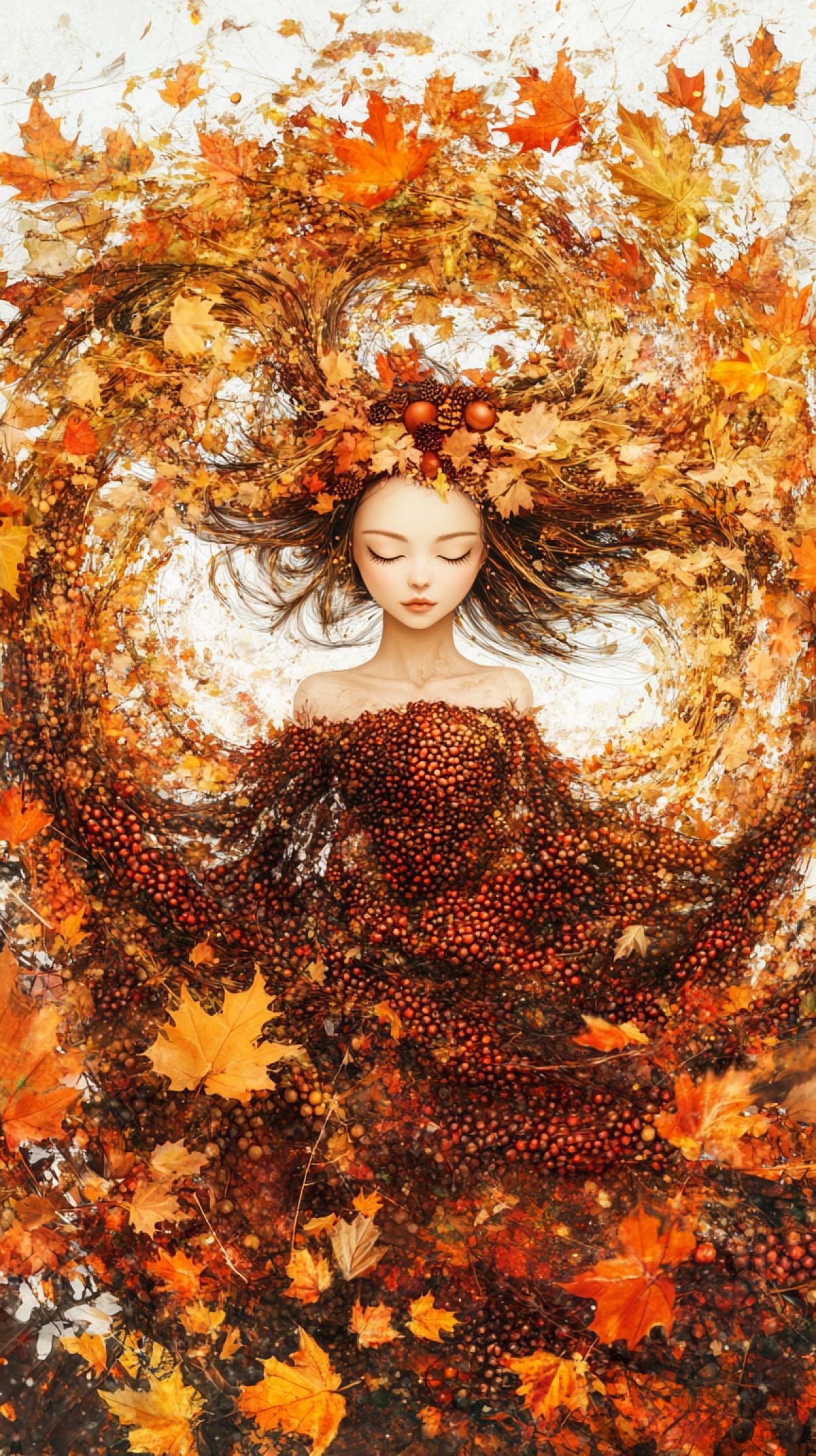 A dancing lady, autumn, flies in a crown of rowan berries, autumn leaves, and amber acorns. A refined face, style baby doll, lush long eyelashes, and long wavy copper hair are gathered into two buns on her head. A dress of dark autumn leaves flutters in the wind. In a spiral vortex of maple autumn leaves, a vortex of yellow and red leaves, electronic dots, light-emitting patterns, spectral pigments spread in the air, a bright amber backlight inside, a background of night on planet Earth, a view from orbit, sunrise, backlighting, diagonal view, professional photo, Ultra HD, high detail ar 9:16