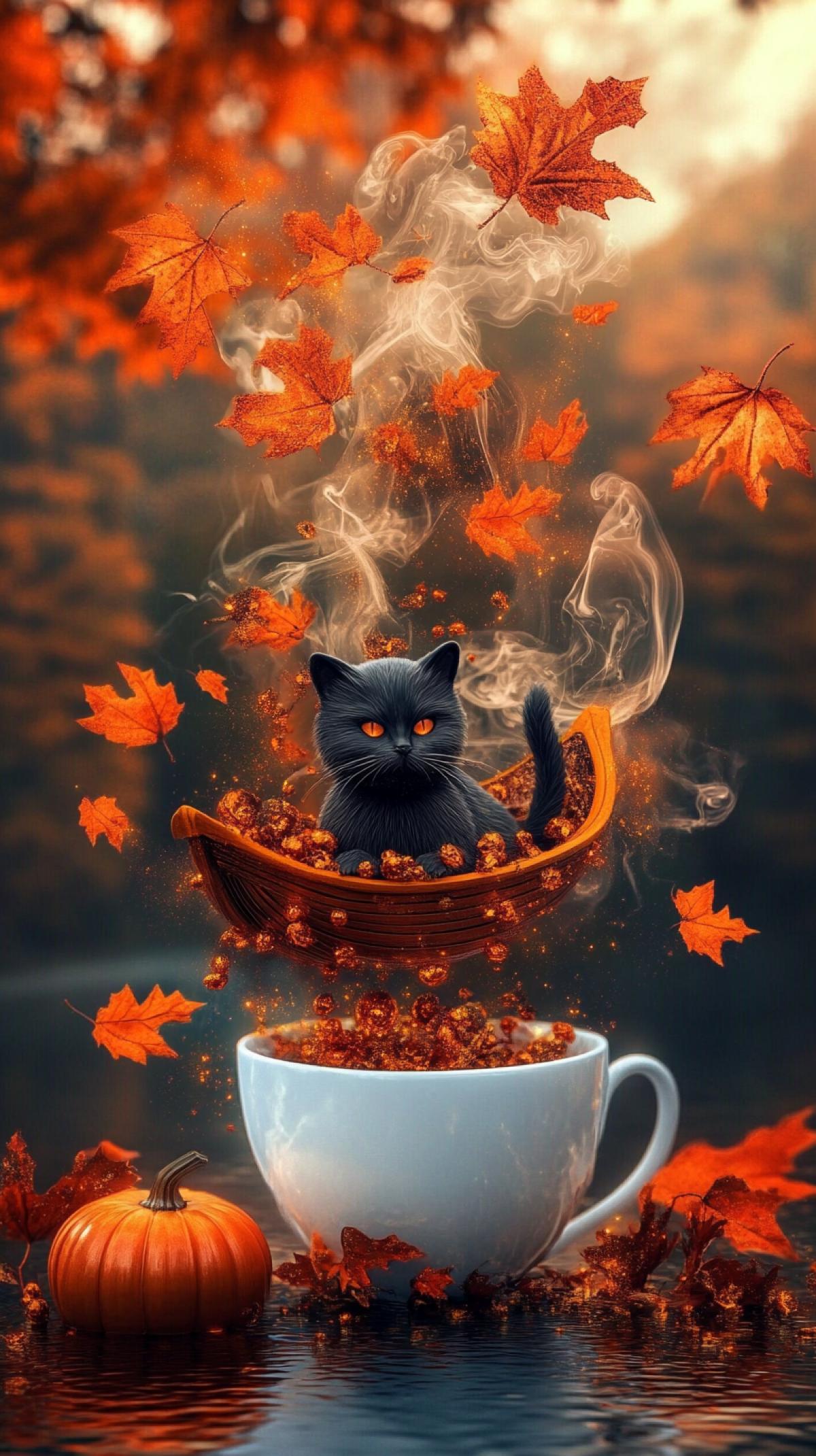 Macro photography. Subtle,light,elegant, aesthetically pleasing. Against a blurred background,a 3D fairytale magical microcosm of fractals in silver and amber shades of thick smoke and fog pours from inside a white cup over the rim.A lake, pumpkin,and an elegant dark cat in a boat,leaves, and dark fog are woven from fractals of smoke and internal glow.Complex relief art of an explosion of amber glitter, golden glitter, smoke Dynamic. Double exposure,close-up, sur-fantasy cartoon.3D rendering.