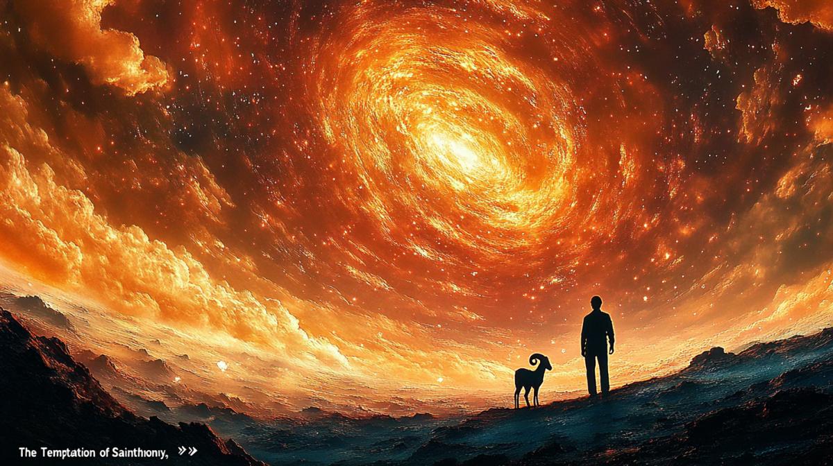 An abstract artwork reminiscent of \"The Temptation of Saint Anthony,\" featuring a small dark curly ram next to a human figure, with gold glitter on the antlers. Surreal, psychedelic art depicting a desert landscape with clouds scattered across the sky, through which golden rays pulsate. Cinematic, ultra-detailed, photorealistic Leica AR image.