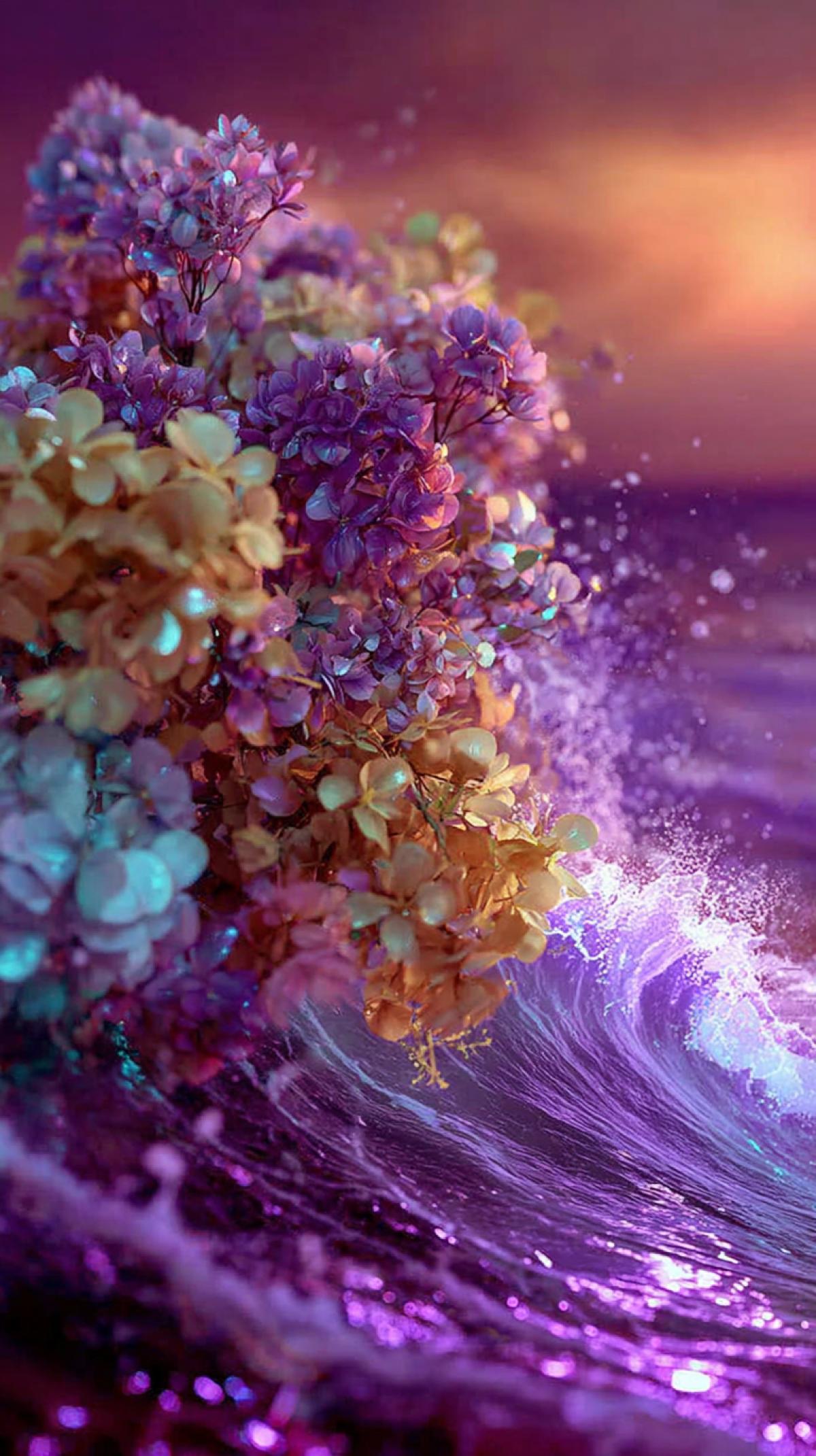 A delicate bouquet of flowers on the ocean shore, a purple-orange sky with a setting sun, a magically beautiful purple wave with splashes, 64k UHD resolution and clarity, exquisite hyper details, subtle bioluminescent highlights, ultra-photorealism, advanced technology, Topaz Gigapixel Clarity, unreal engine, Artstation, spectral lighting on a dark background, bokeh and lens effect, a masterpiece