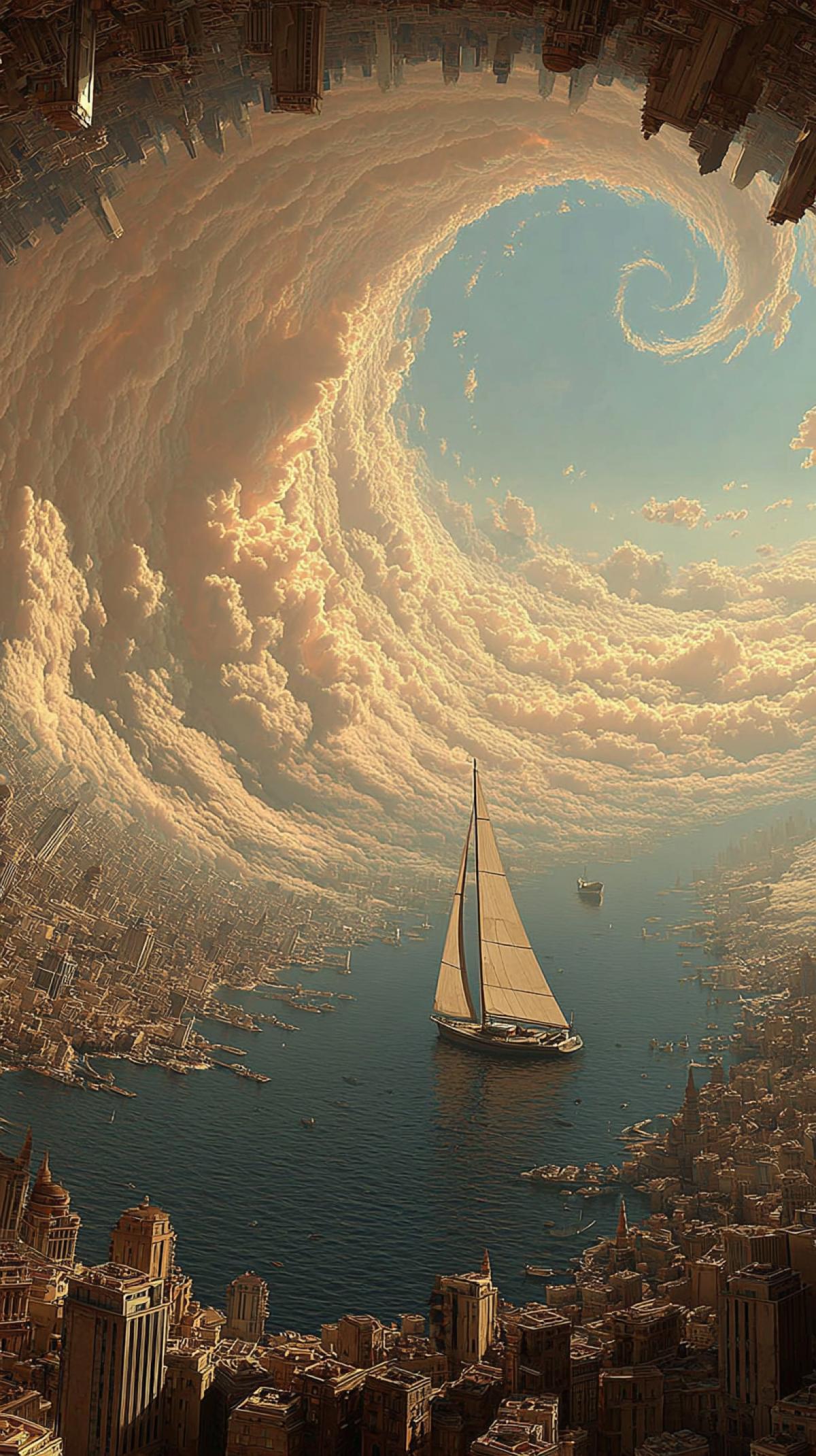 A sailboat in the middle of an Egyptian city, surrounded by a big whirlpool, a sunset sky. The entire scene is inside a circular sphere, in the style of digital art, with brush strokes and soft colors of light orange and beige. Surrealistic elements, such as floating buildings, add to the dreamlike quality of the image. ar 9:16 s 750 v 7.0