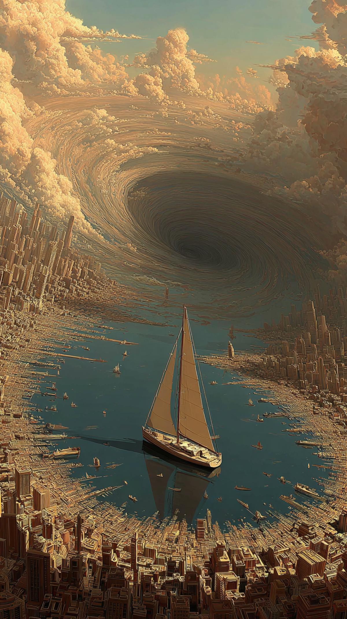 A sailboat in the middle of an Egyptian city, surrounded by a big whirlpool, a sunset sky. The entire scene is inside a circular sphere, in the style of digital art, with brush strokes and soft colors of light orange and beige. Surrealistic elements, such as floating buildings, add to the dreamlike quality of the image. ar 9:16 s 750 v 7.0