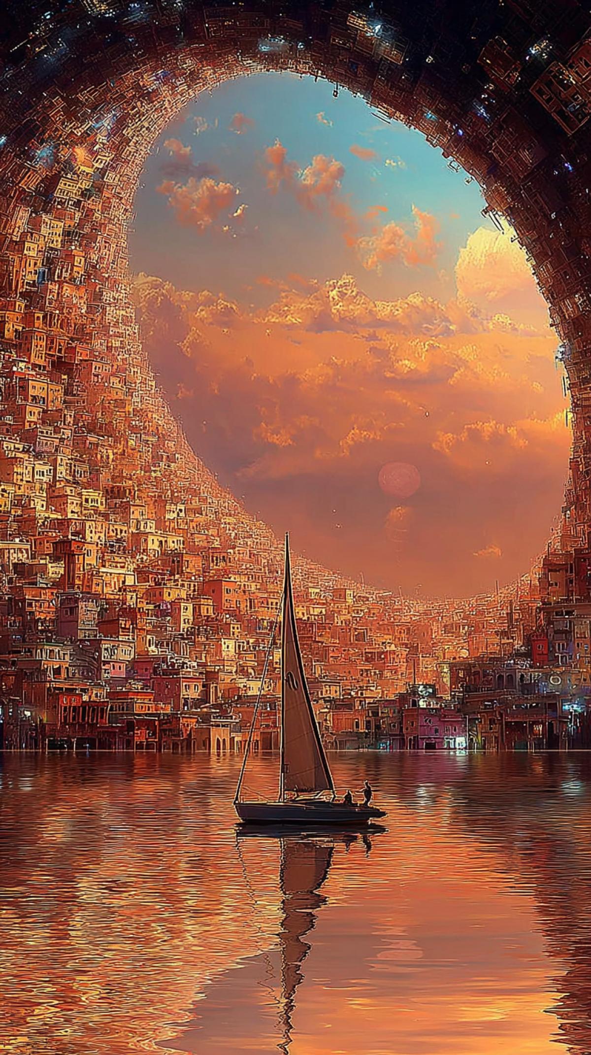 A sailboat in the middle of an Egyptian city, surrounded by a big whirlpool, a sunset sky. The entire scene is inside a circular sphere, in the style of digital art, with brush strokes and soft colors of light orange and beige. Surrealistic elements, such as floating buildings, add to the dreamlike quality of the image. ar 9:16 s 750 v 7.0