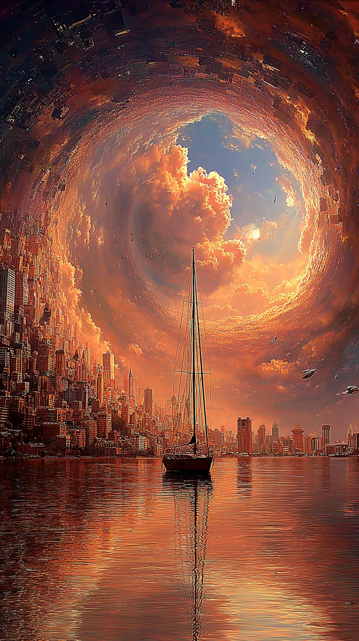 A sailboat in the middle of an Egyptian city, surrounded by a big whirlpool, a sunset sky. The entire scene is inside a circular sphere, in the style of digital art, with brush strokes and soft colors of light orange and beige. Surrealistic elements, such as floating buildings, add to the dreamlike quality of the image. ar 9:16 s 750 v 7.0