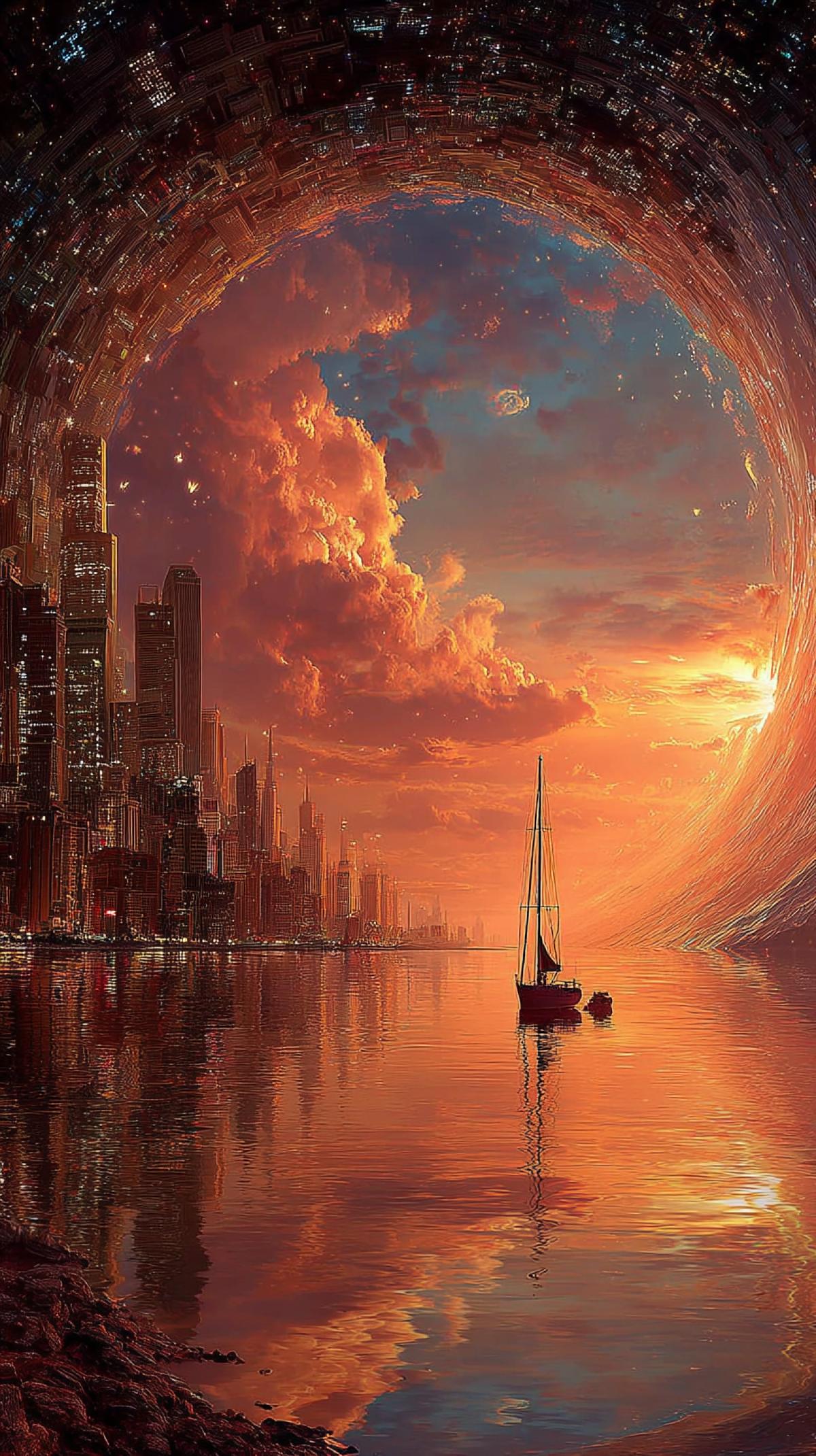 A sailboat in the middle of an Egyptian city, surrounded by a big whirlpool, a sunset sky. The entire scene is inside a circular sphere, in the style of digital art, with brush strokes and soft colors of light orange and beige. Surrealistic elements, such as floating buildings, add to the dreamlike quality of the image. ar 9:16 s 750 v 7.0