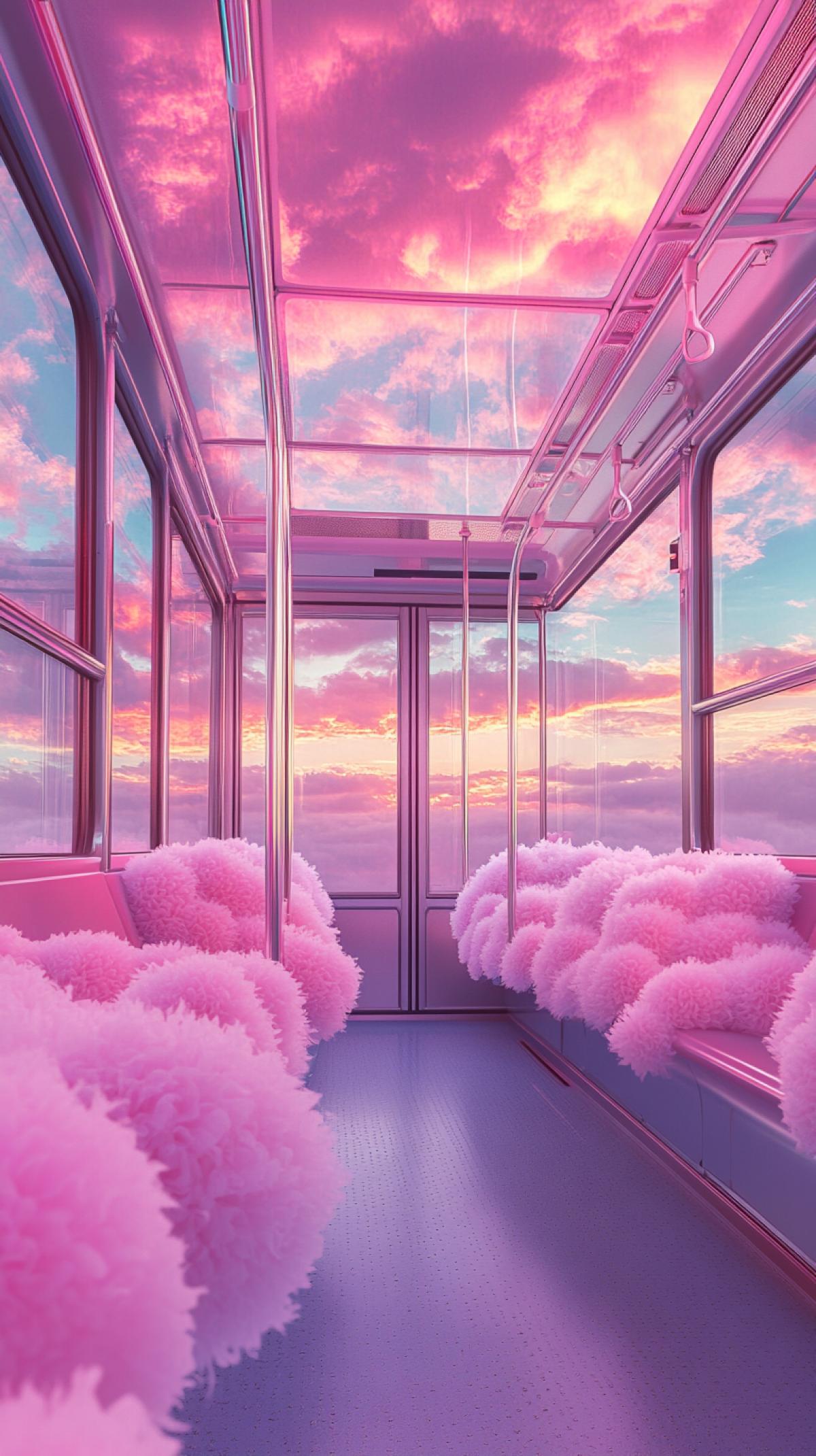 Ultra-realistic dream world scene: empty subway car filled with fluffy pastel clouds, fluffy pink and lilac chrysanthemum flowers, windows overlooking the sky with pink and lavender clouds at sunset, cinematic neon lights reflecting off metal surfaces, soft glowing atmosphere, vaporwave and fine art combination, detailed textures, depth of field.