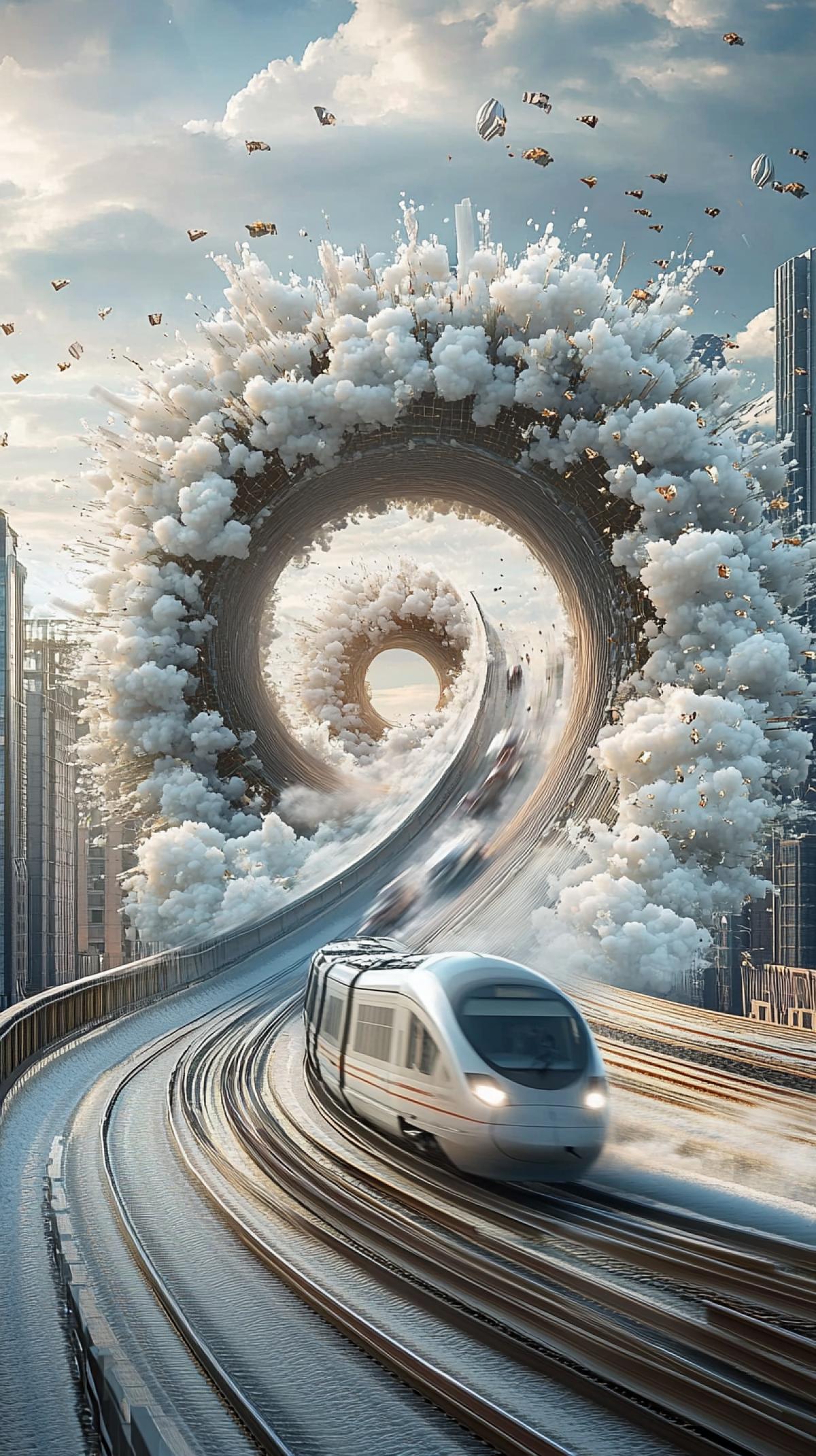 panorama, white with opal peony, intricate spiraling high-speed train \"Finist\" in the sky, 3d circle on white background, splashes, smoke, explosion, brick texture, reflection of the environment on Saturn with precise geometric distortions, shooting angle 30°, hyper-detailed fog, partially transparent, traffic lights in a metropolis from a birds eye view are visible through the segments, background abstract air structures clouds, smoky swirls, backlight, professional photo, ultraHD