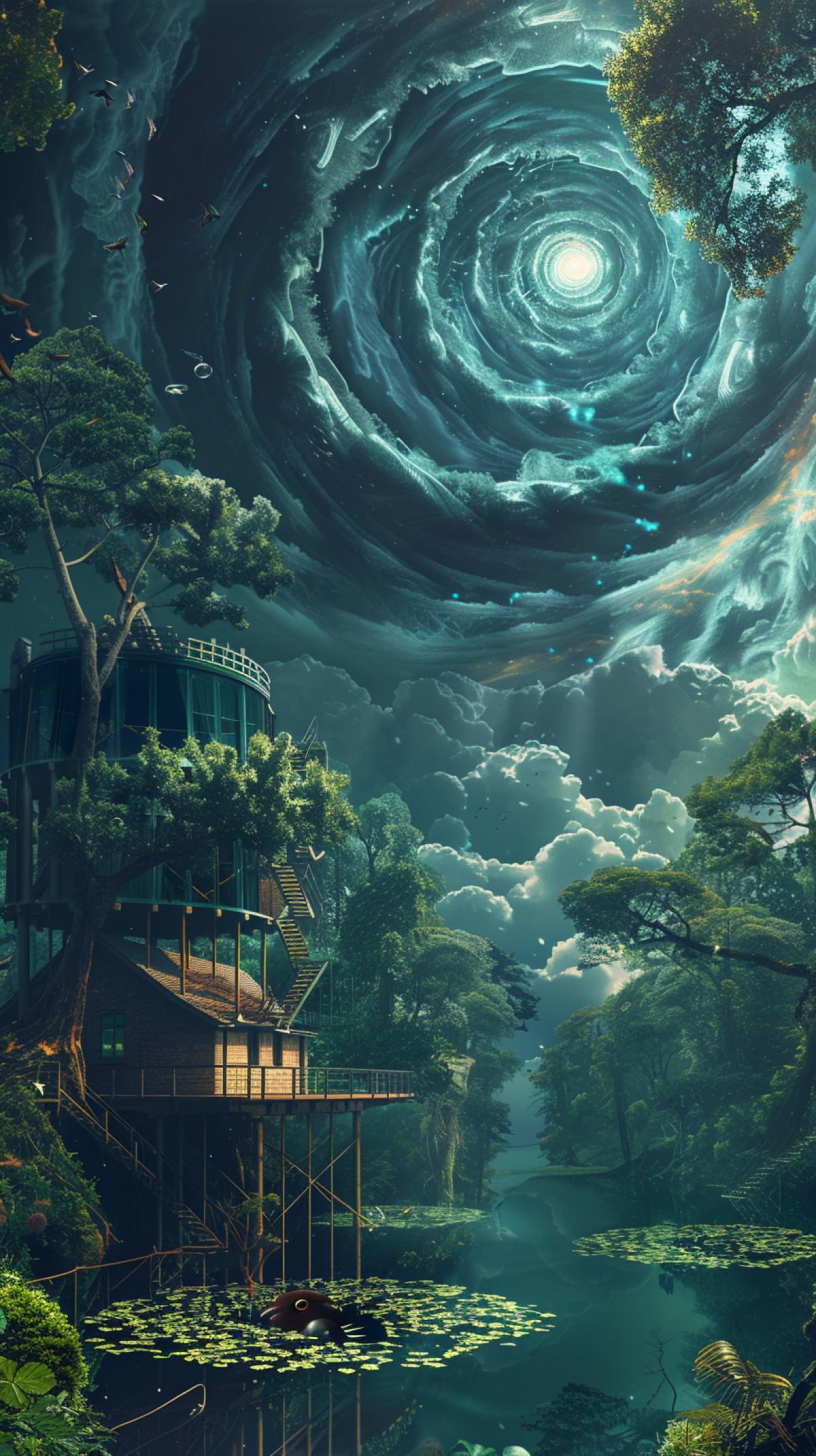 a forest with a brick and glass house on iron stilts with many trees next to a pond with water lilies, digital art, fantasy, unsplash contest winner, space art, dark hole with an accretion disk, timelapse, spiral clouds, infinity mirror, cosmic whirlpool, very epic atmosphere, moon reflection, spiral, fish effect eyes, bright colors, cinematic lighting, style-raw, professional photography