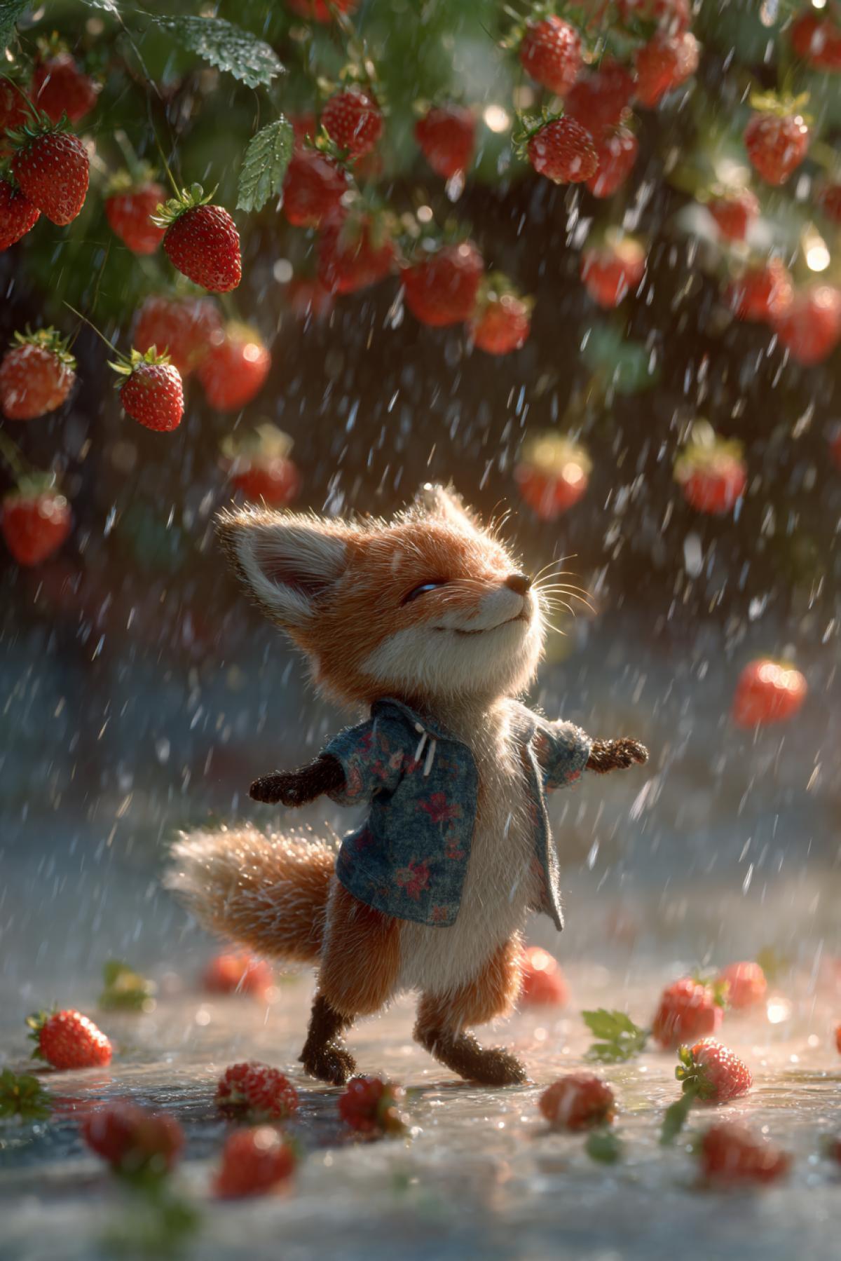 A small cute fox cub dancing joyfully under a rain of wild strawberries instead of water droplets. The strawberries fall gently from the sky, covering the ground like a red carpet. Whimsical, magical realism, soft lighting, vibrant colors, hyperrealistic, 8k, enchanting atmosphere.