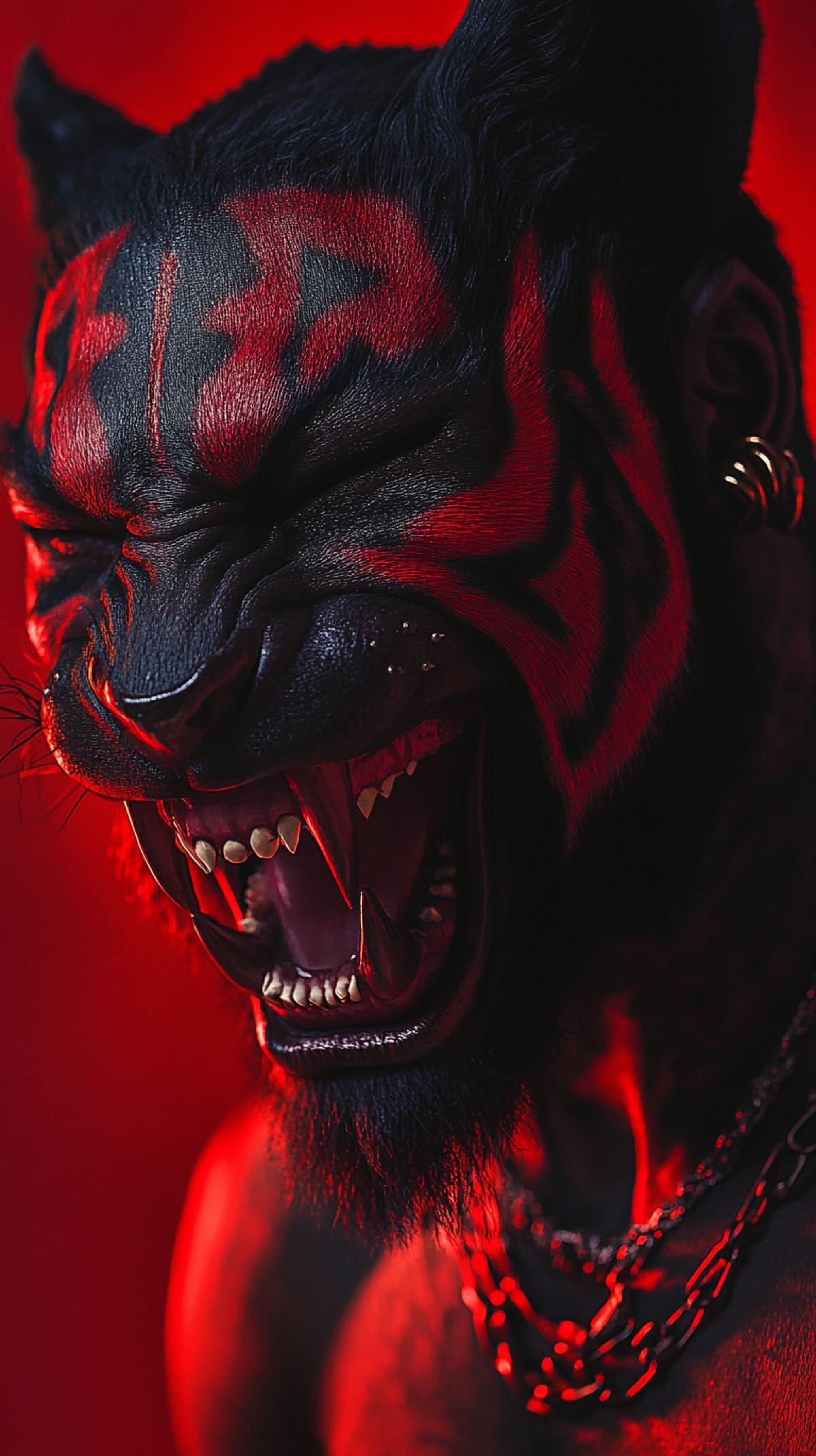 beautiful tiger man, dark Vantadark with red and dark Vantadark teeth, grin, mystical red transparent aura, Gothic, elegance, beauty, the image was shot using Canon EOS 5D Mark IV and Fujifilm Superia X-TRA 400 film. Cinematic color correction, dystopian lighting, character design, 25 mm, hero shot, key visual element, editorial photography ar 9:16