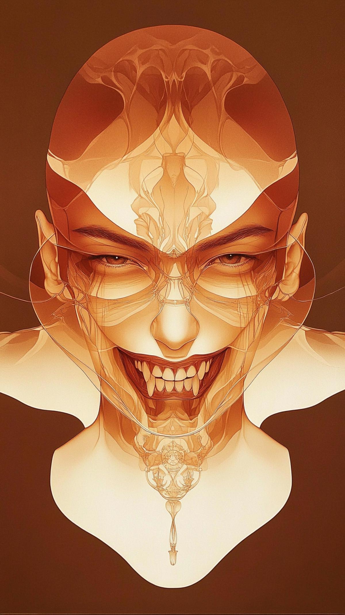 beautiful tiger man, dark Vantadark with red and dark Vantadark teeth, grin, mystical red transparent aura, Gothic, elegance, beauty, the image was shot using Canon EOS 5D Mark IV and Fujifilm Superia X-TRA 400 film. Cinematic color correction, dystopian lighting, character design, 25 mm, hero shot, key visual element, editorial photography ar 9:16