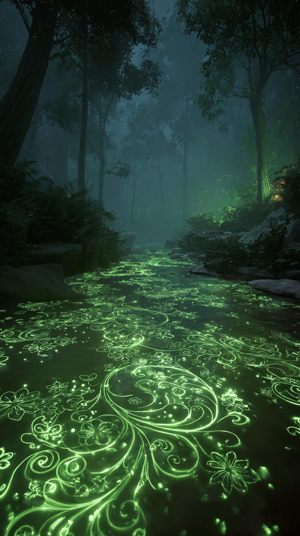 A digital il ration of a serene landscape illuminated by emerald bioluminescent patterns. These intricate, glowing patterns resemble swirling vines and floral motifs, casting a mesmerizing green light on the surrounding environment. The scene is set in a misty forest with tall, ancient trees and a gentle stream flowing in the background, enhancing the mystical atmosphere. chaos 20 ar 9:16 raw profile kji7p65 stylize 850 v 7
