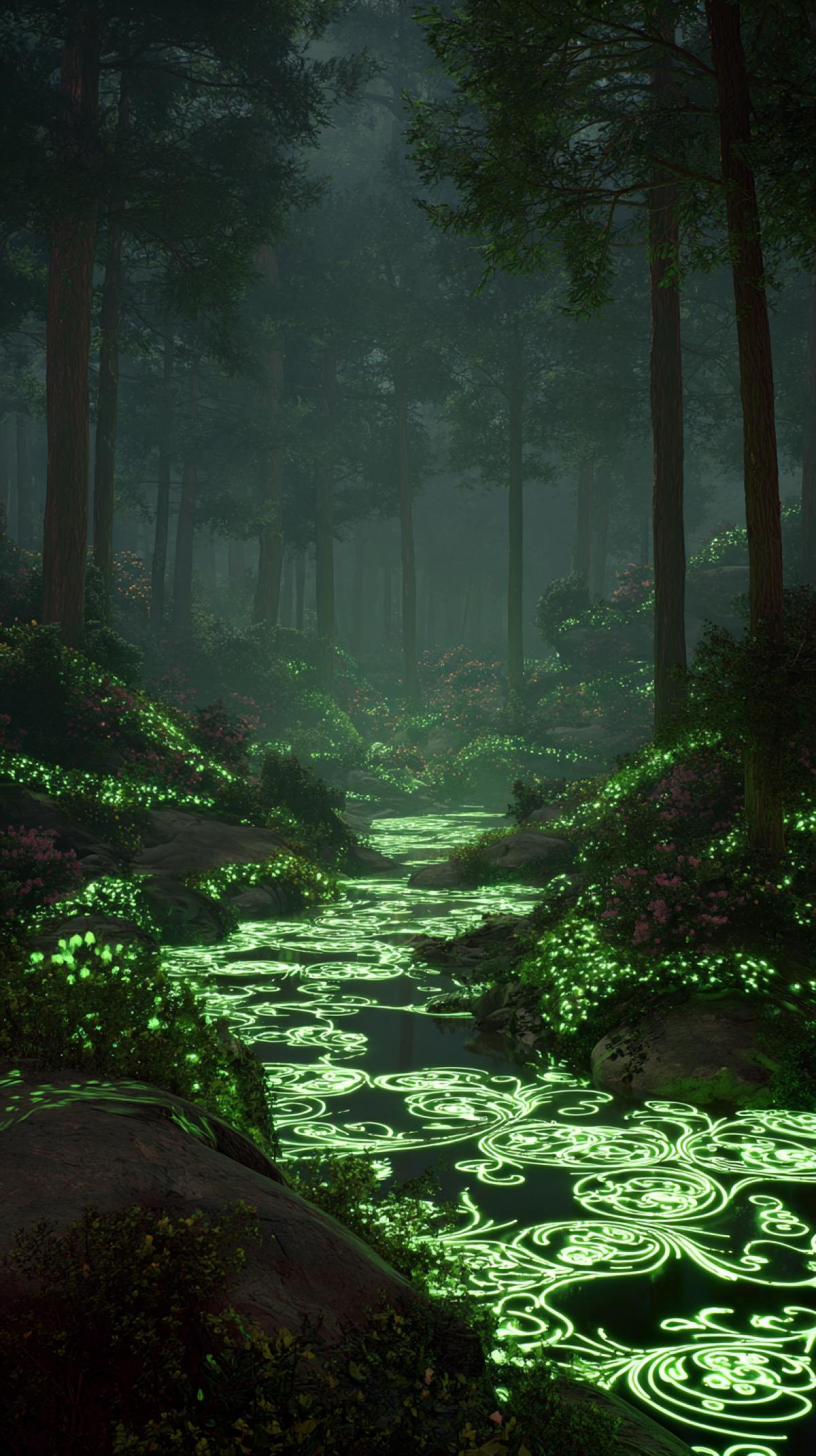 A digital il ration of a serene landscape illuminated by emerald bioluminescent patterns. These intricate, glowing patterns resemble swirling vines and floral motifs, casting a mesmerizing green light on the surrounding environment. The scene is set in a misty forest with tall, ancient trees and a gentle stream flowing in the background, enhancing the mystical atmosphere. chaos 20 ar 9:16 raw profile kji7p65 stylize 850 v 7