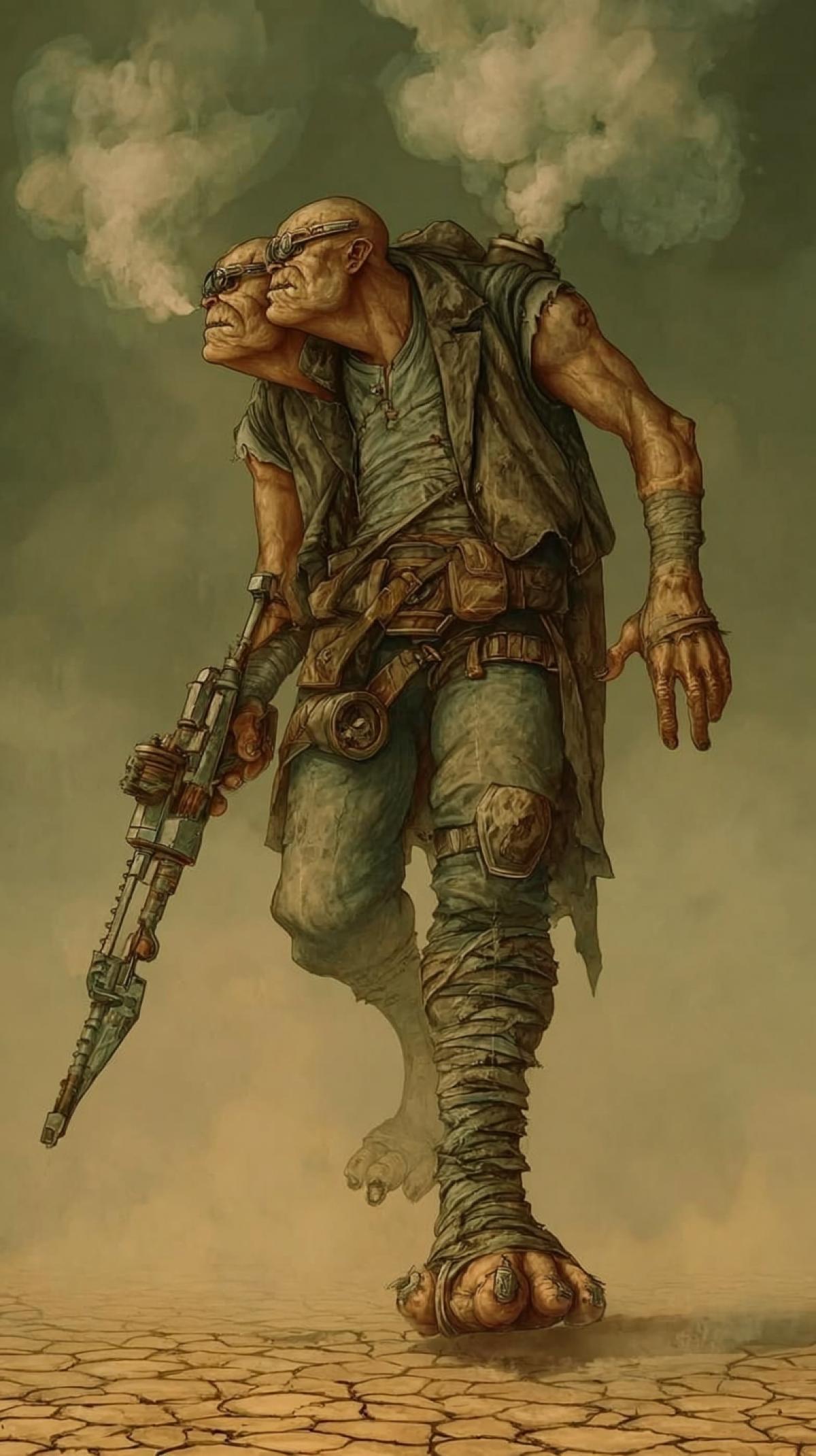 post-apocalyptic mutant man with two heads looking forward and backward, double fused feet, a hump, carrying a weapon, smog, smoke, dust, desert, cracked ground, poster for a shooter game, character in a dynamic 4k