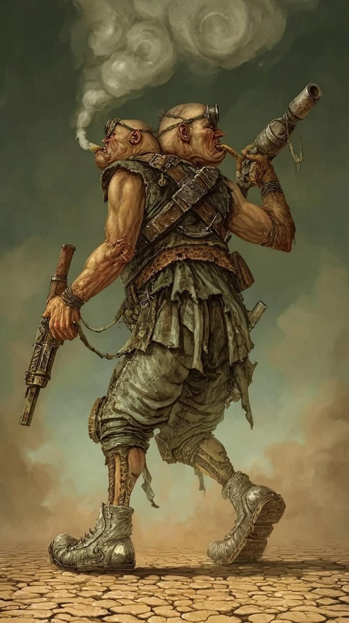 post-apocalyptic mutant man with two heads looking forward and backward, double fused feet, a hump, carrying a weapon, smog, smoke, dust, desert, cracked ground, poster for a shooter game, character in a dynamic 4k