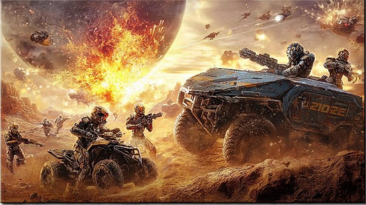 poster for the game Planetside 2, dynamics, tank, ATV, future soldiers with weapons, desert, explosions, sparks, action