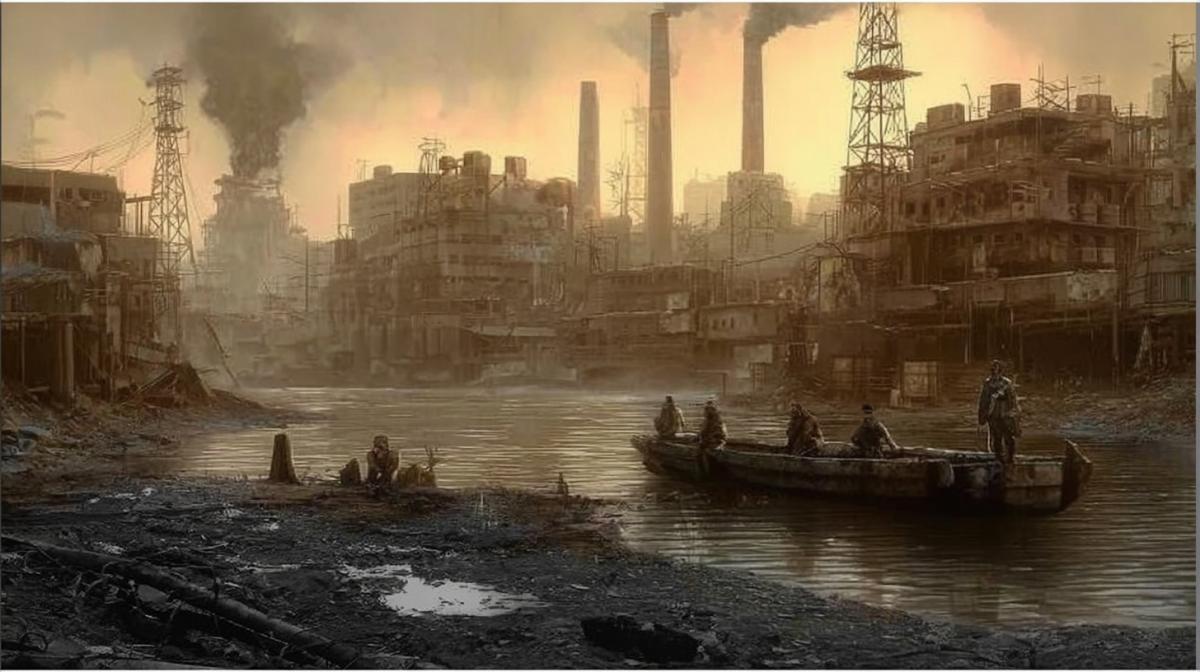 Fallout 2, apocalyptic, city, river, people in a dilapidated boat, chimneys smoking, still from the movie