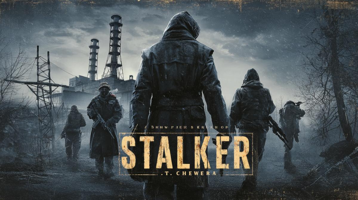 poster for the game S. T. A. L. K. E. R. Shadow of Chernobyl, game characters, dynamic 4ks, a shootout against the backdrop of the destroyed reactor at the Chernobyl nuclear power plant in Pripyat, text \" S. T. A. L. K. E. R. \"