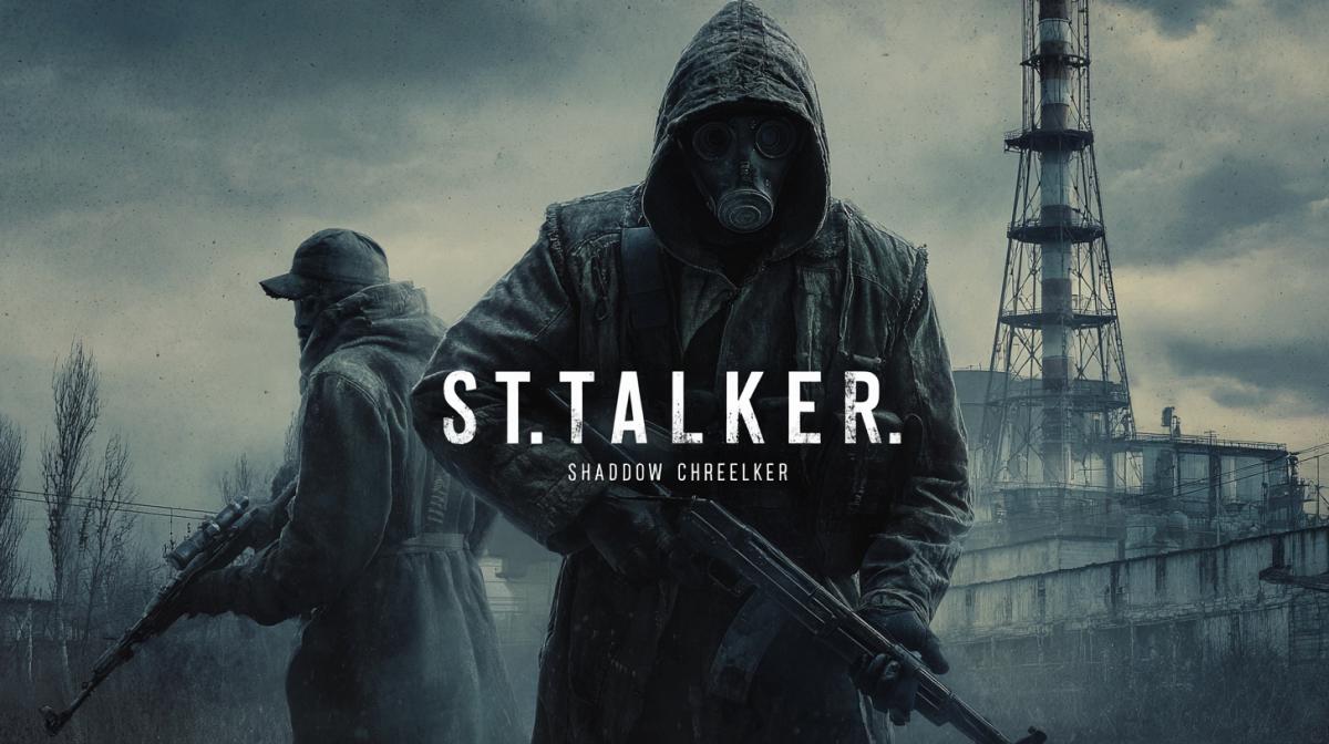 poster for the game S. T. A. L. K. E. R. Shadow of Chernobyl, game characters, dynamic 4ks, a shootout against the backdrop of the destroyed reactor at the Chernobyl nuclear power plant in Pripyat, text \" S. T. A. L. K. E. R. \"