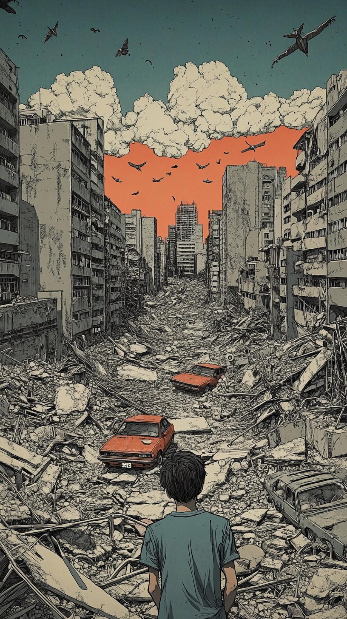 The time of the postapocalypse. The destroyed city, among the of the wreckage, rusty redoral cars, scraps of wires. The following boy and the figure of the old man, in contemplation and thoughts, are in the sky of the RedOorest sky. Subtle drawing of details