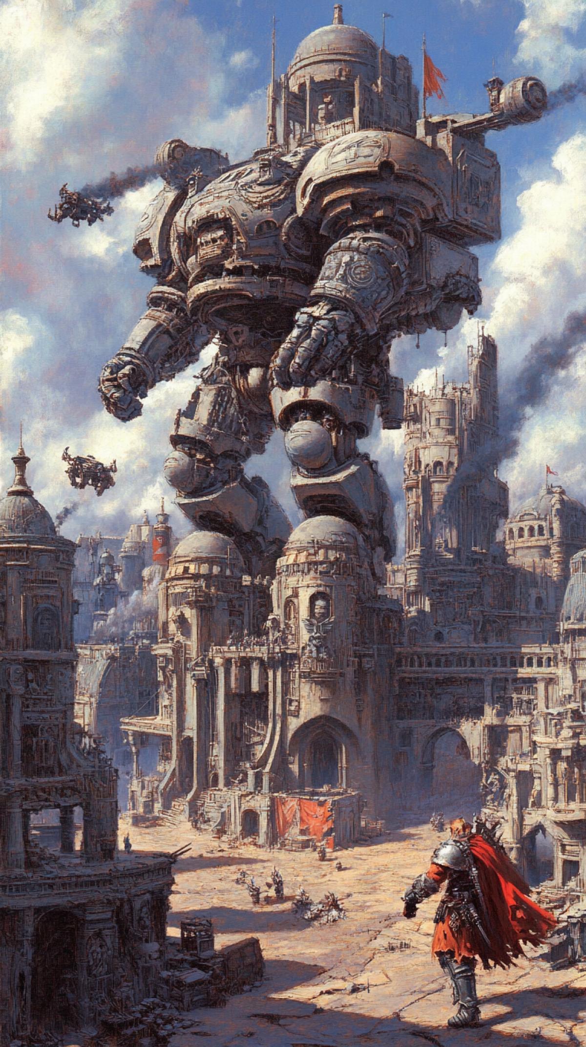 Detailed oil painting in the style of Boris Vallejo, dark-fantasy mood, photorealistic cinematic touch. 8k masterpiece at dusk in a ruined war- city, seamless face replacement from provided reference preserve identity, expression, skin tone and lighting with no visible seams. Hero in a high-tech exoskeleton with original futuristic weaponry fighting a monstrous attacker. Dramatic epic lighting, low-angle dynamic action 4k, strong motion, flying debris and sparks, cinematic depth of field. High-detail armor and environment textures, realistic skin tones matching the reference, natural shadows and reflections. Oil impasto textures and subtle brushwork combined with sharp material detail. Avoid graphic gore; use original designs only s 1000