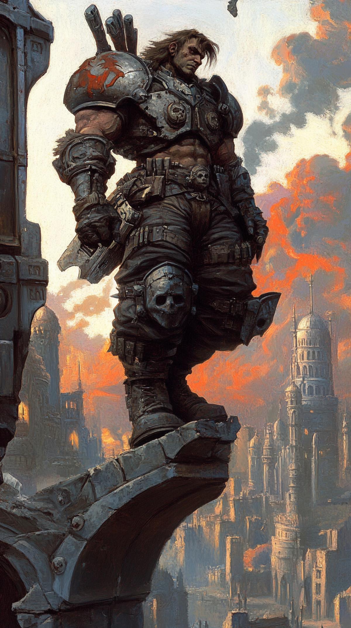 Detailed oil painting in the style of Boris Vallejo, dark-fantasy mood, photorealistic cinematic touch. 8k masterpiece at dusk in a ruined war- city, seamless face replacement from provided reference preserve identity, expression, skin tone and lighting with no visible seams. Hero in a high-tech exoskeleton with original futuristic weaponry fighting a monstrous attacker. Dramatic epic lighting, low-angle dynamic action 4k, strong motion, flying debris and sparks, cinematic depth of field. High-detail armor and environment textures, realistic skin tones matching the reference, natural shadows and reflections. Oil impasto textures and subtle brushwork combined with sharp material detail. Avoid graphic gore; use original designs only s 1000