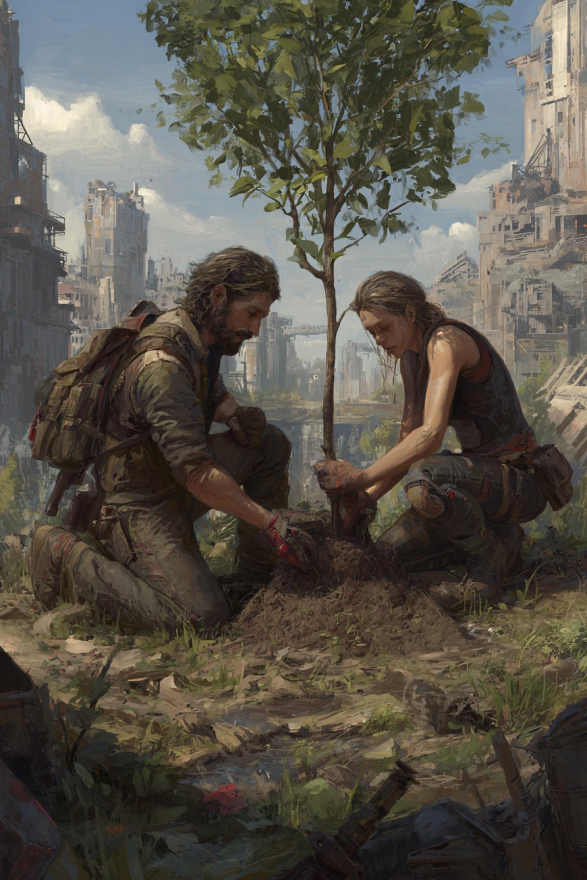 A happy hippie couple planting a tree in a post-apocalyptic city.