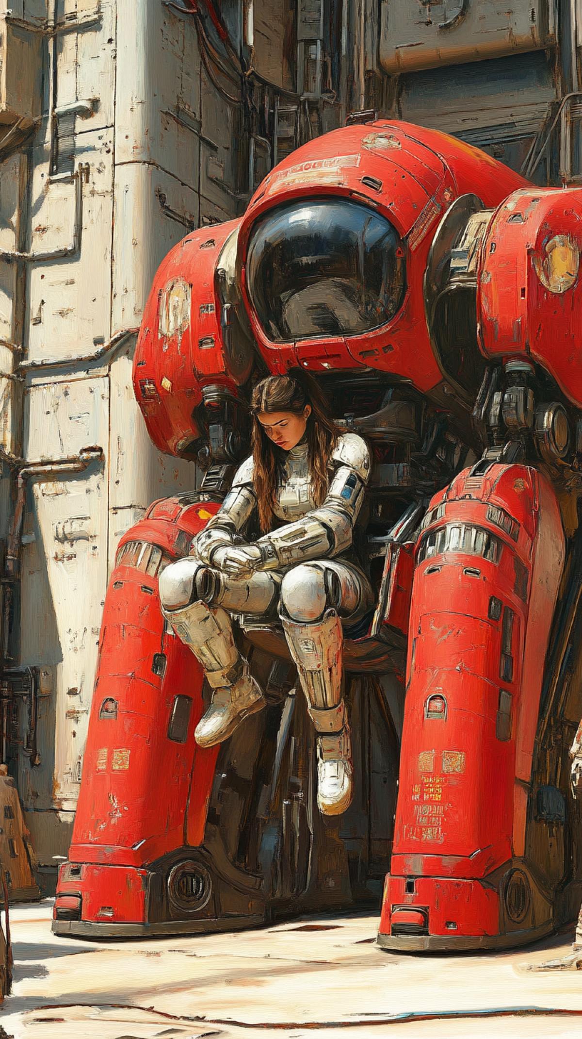 Cinematic dark-fantasy oil painting of a young woman seated inside a big red-and-dark mech full- view, photorealistic painting style. She wears a silver reinforced training suit, long brown hair tied back, her head and torso emerging from the cockpit as she supports the mech by placing her hands above its shoulders while it stands upright. Surrounding scene: futuristic Fondark style metal buildings and scifi architecture, dramatic lighting, deep shadows, and warm highlights. Emphasize rich impasto textures, visible brushstrokes, tactile fabric and metal surfaces, high detail, painterly realism, gallery quality s 1000