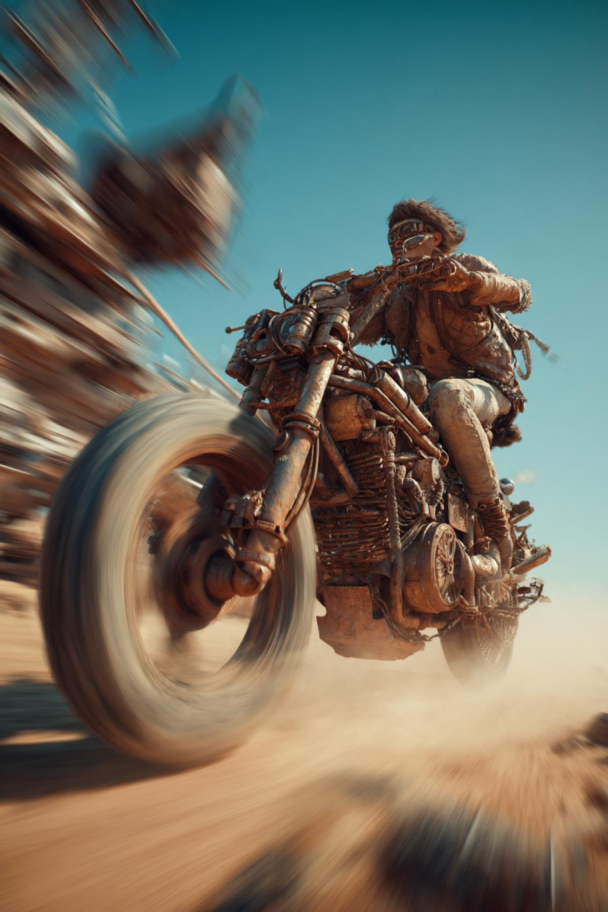 Post-apocalyptic world. A man races through a desert scrapyard on a motorcycle assembled from scrap metal and wood. The photograph conveys high speed and a sense of pursuit. Dynamic motion blur, dusty atmosphere, dramatic tilted angle, hyperrealistic, 8k