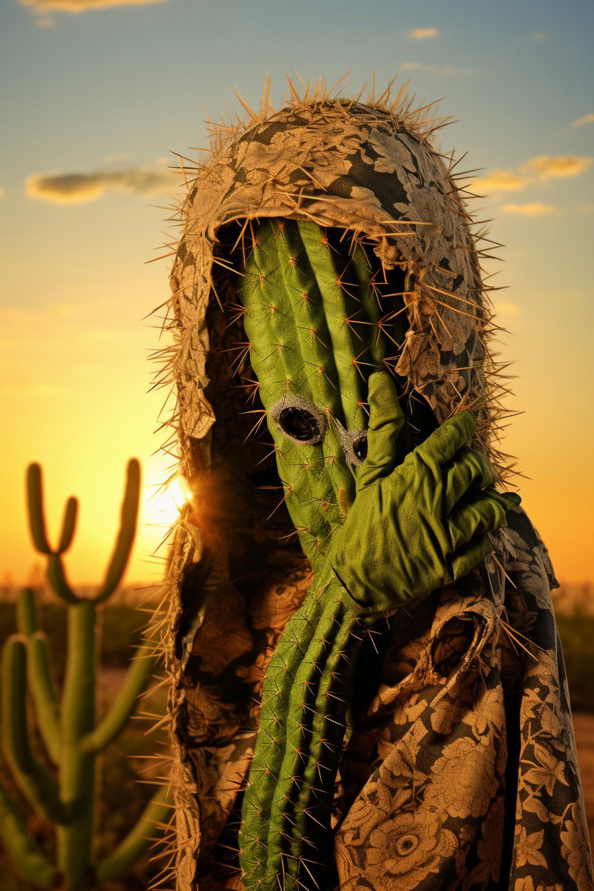 53 yo Cactus character desperate sophisticated anxious in natural environment sunset background detailed high contrast fashion photo