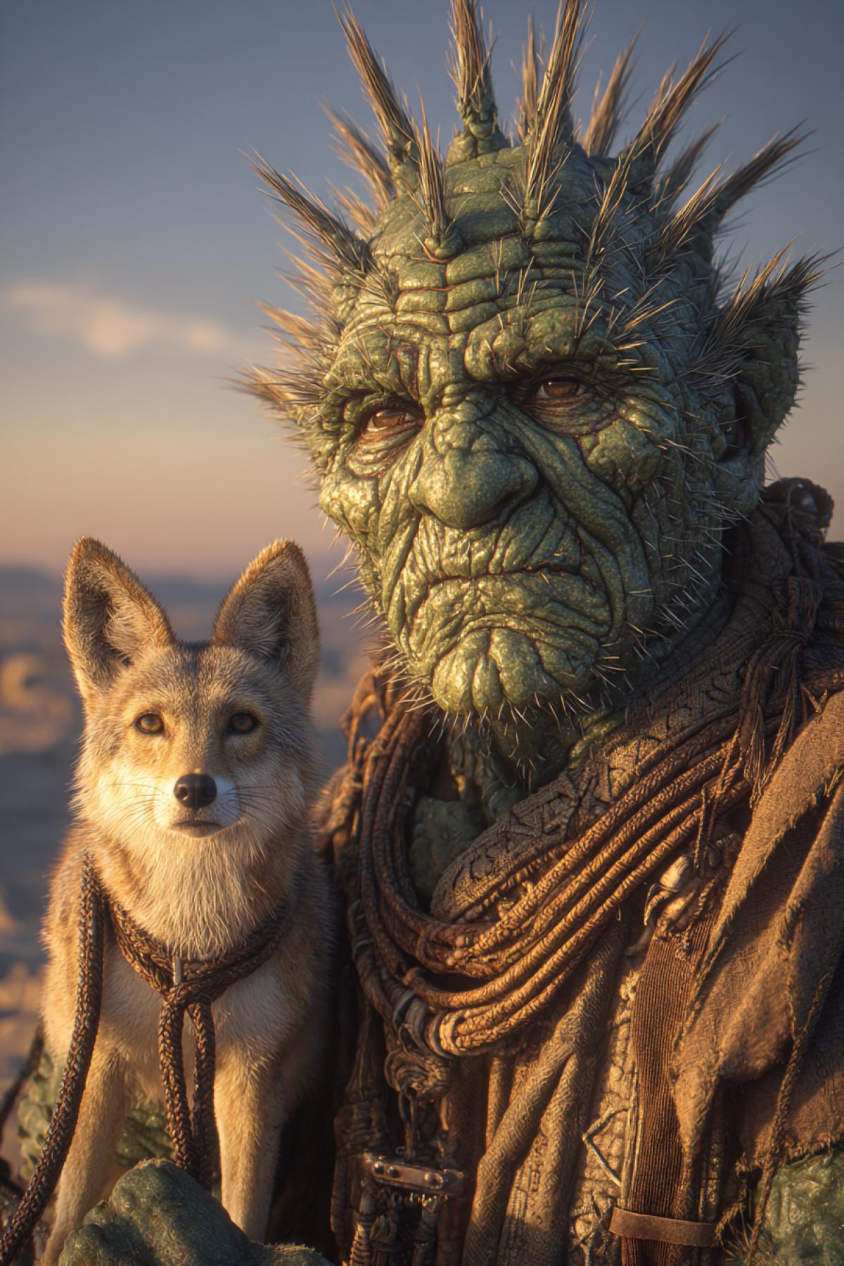 Portrait of a humanoid cactus creature with green skin covered in spines like a cactus, wearing traditional Native American clothing, with a coyote on a leash. The being has the facial features of an old wise shaman, with highly detailed expressive wrinkles. The coyote sits calmly beside the creature, connected by a woven leather leash. Background is a desert landscape at sunset. Lighting emphasizes the texture of the cactus skin and clothing details. Hyperrealistic, mystical atmosphere.