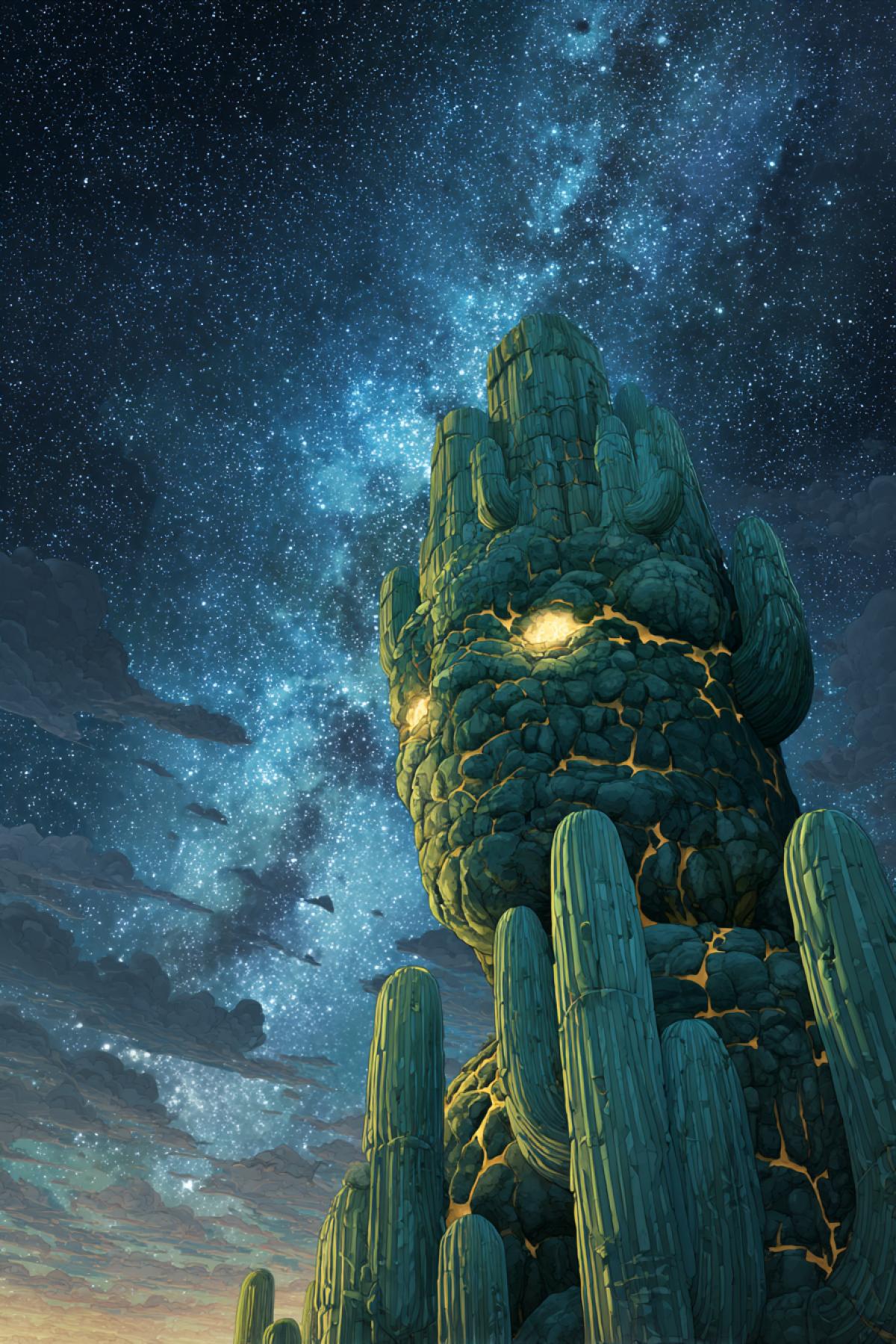 An ancient, majestic anthropomorphic cactus guardian spirit rising from the desert sands at dusk. Its is made of segmented green columns, with glowing golden cracks for eyes. The night sky is filled with big stars and a Milky Way, magical aura, epic fantasy art, style of Studio Ghibli and Loish, breathtaking landscape.