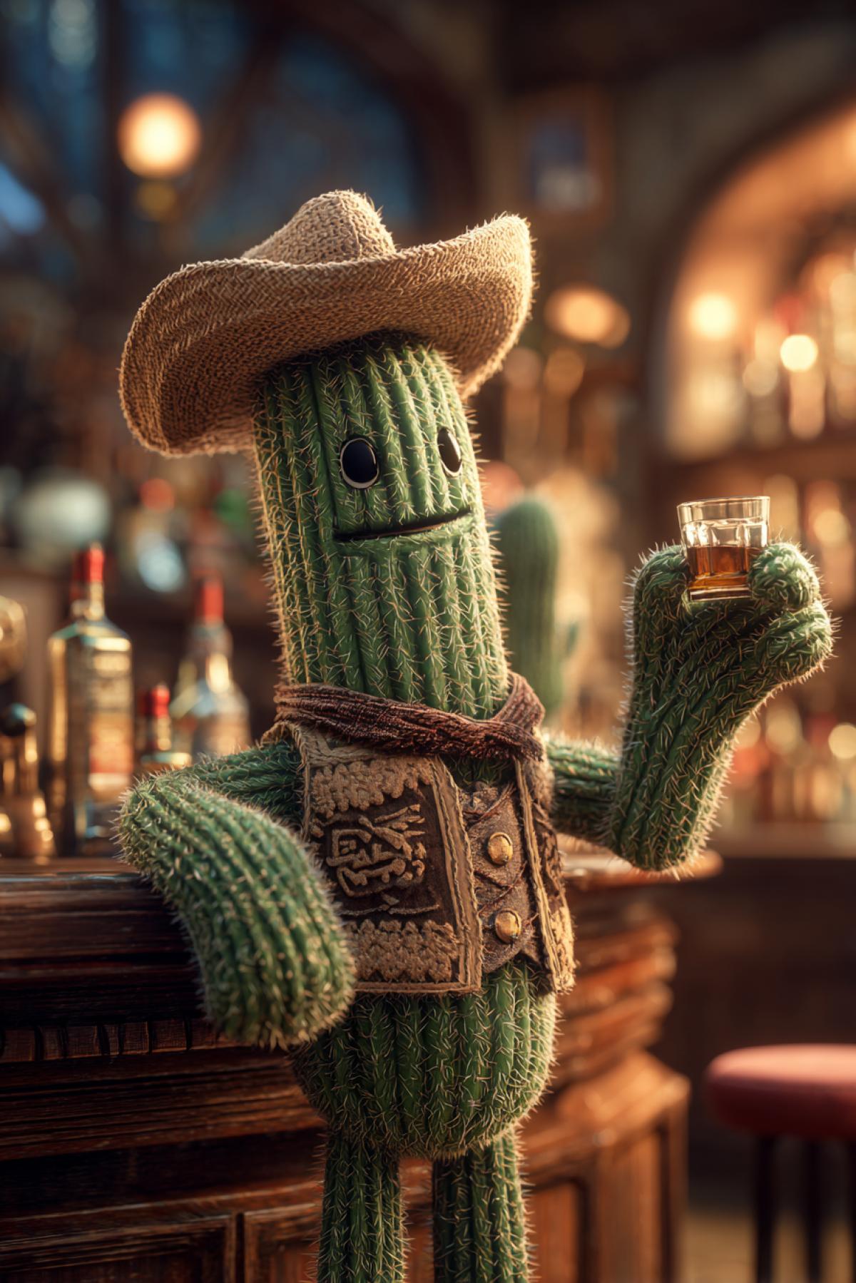 A charismatic anthropomorphic cactus cowboy standing at a saloon bar in a wild west desert town. He has a friendly smile, wears a tiny cowboy hat, and has arms made of green segments holding a shot glass. Moody cinematic lighting, detailed scales and spines, Pixar animation style, charming character design, full shot.