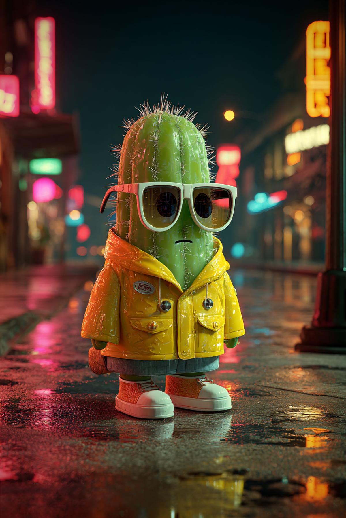 A stylish, grumpy anthropomorphic cactus wearing oversized sunglasses and a bright yellow raincoat, waiting for a bus on a rainy city street at night. Reflective wet pavement, neon signs, cinematic photo, hyper-realistic textures of wet cactus skin and plastic coat, dramatic lighting, concept art character.