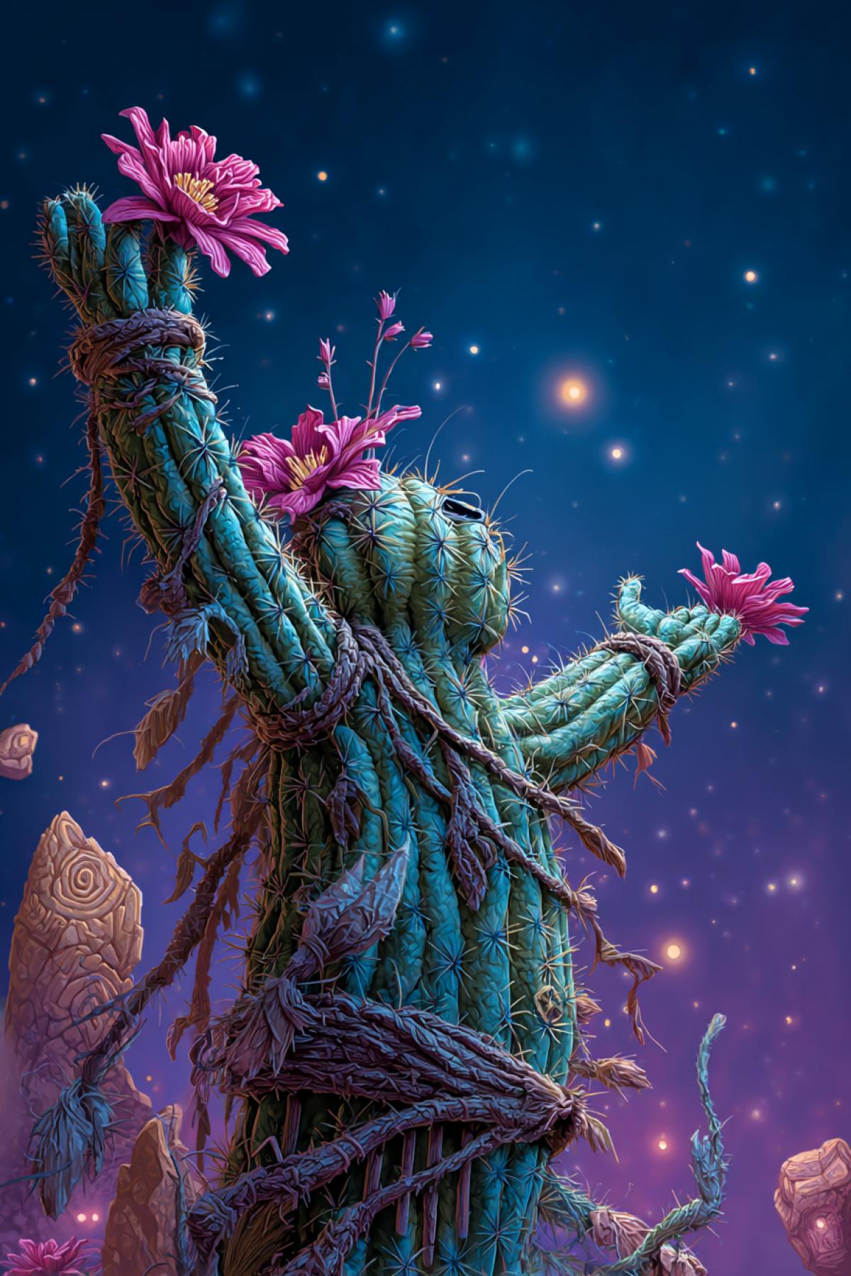 An ancient anthropomorphic cactus shaman in a deep trance, surrounded by floating desert artifacts and glowing spirit orbs. Its arms are raised to the starry sky, with vibrant magical flowers blooming from its spines. Ethereal glow, intricate details, fantasy digital painting, style of Roger Dean and Moebius, visionary art.