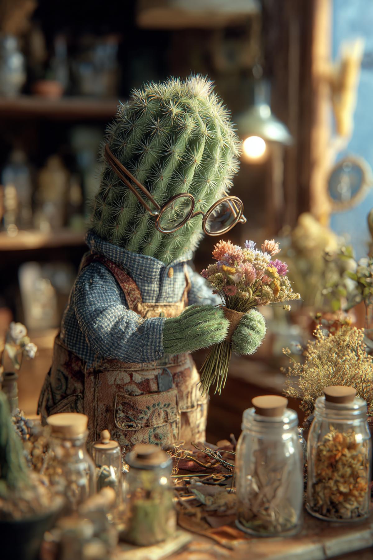 An anthropomorphic cactus florist with delicate wire-rimmed glasses, meticulously arranging a bouquet of fresh flowers in its tiny green hands. Cozy, sunlit workshop filled with dried plants and glass jars, hyper-detailed, soft natural lighting, heartwarming character il ration, style of Ghibli studio.