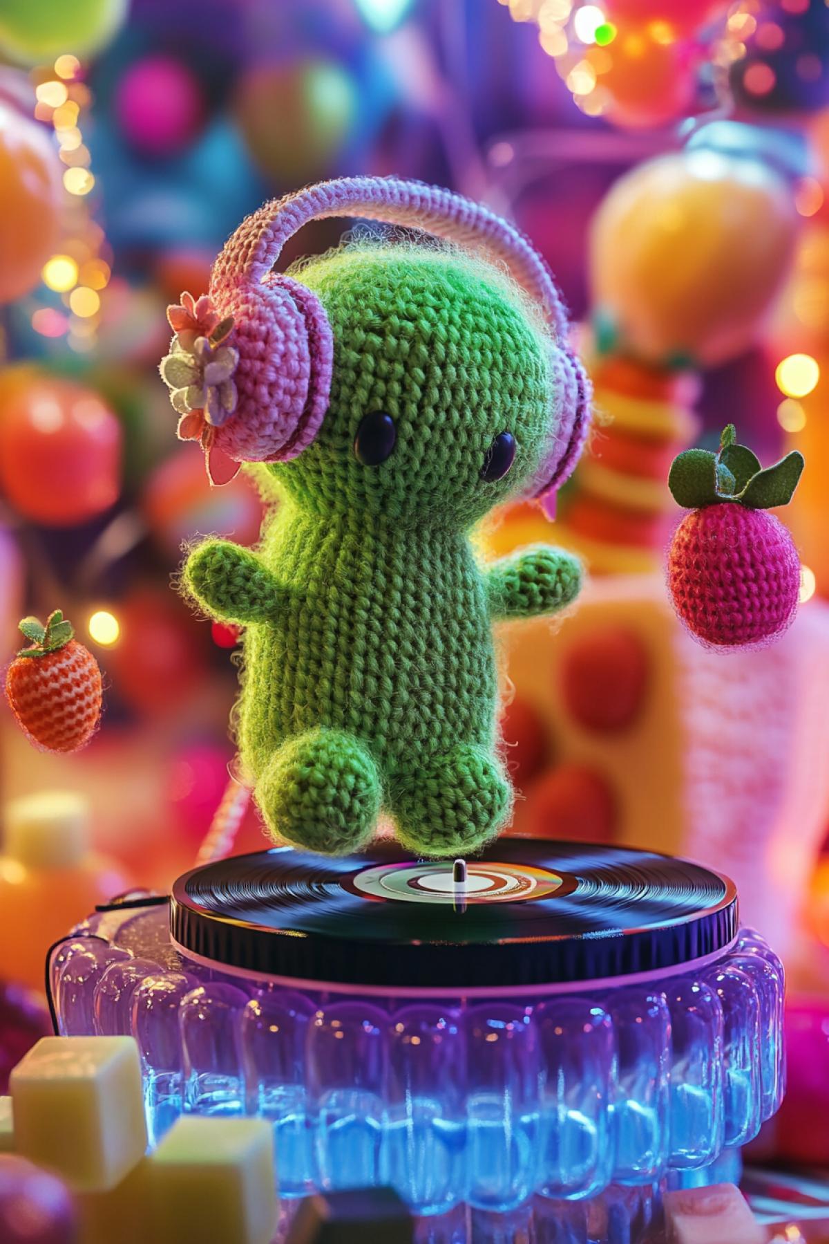 A cute and charming anthropomorphic green cactus, crocheted from mohair and wearing headphones with pink and white flowers, spins records on a turntable mounted on a big jelly trampoline. Tiny dancing fruits and tiny cakes bounce on jelly cubes. Bright, colorful lighting, exaggerated, playful proportions, a whimsical and surreal atmosphere, and concept art highlight humor, absurdity, and movement.