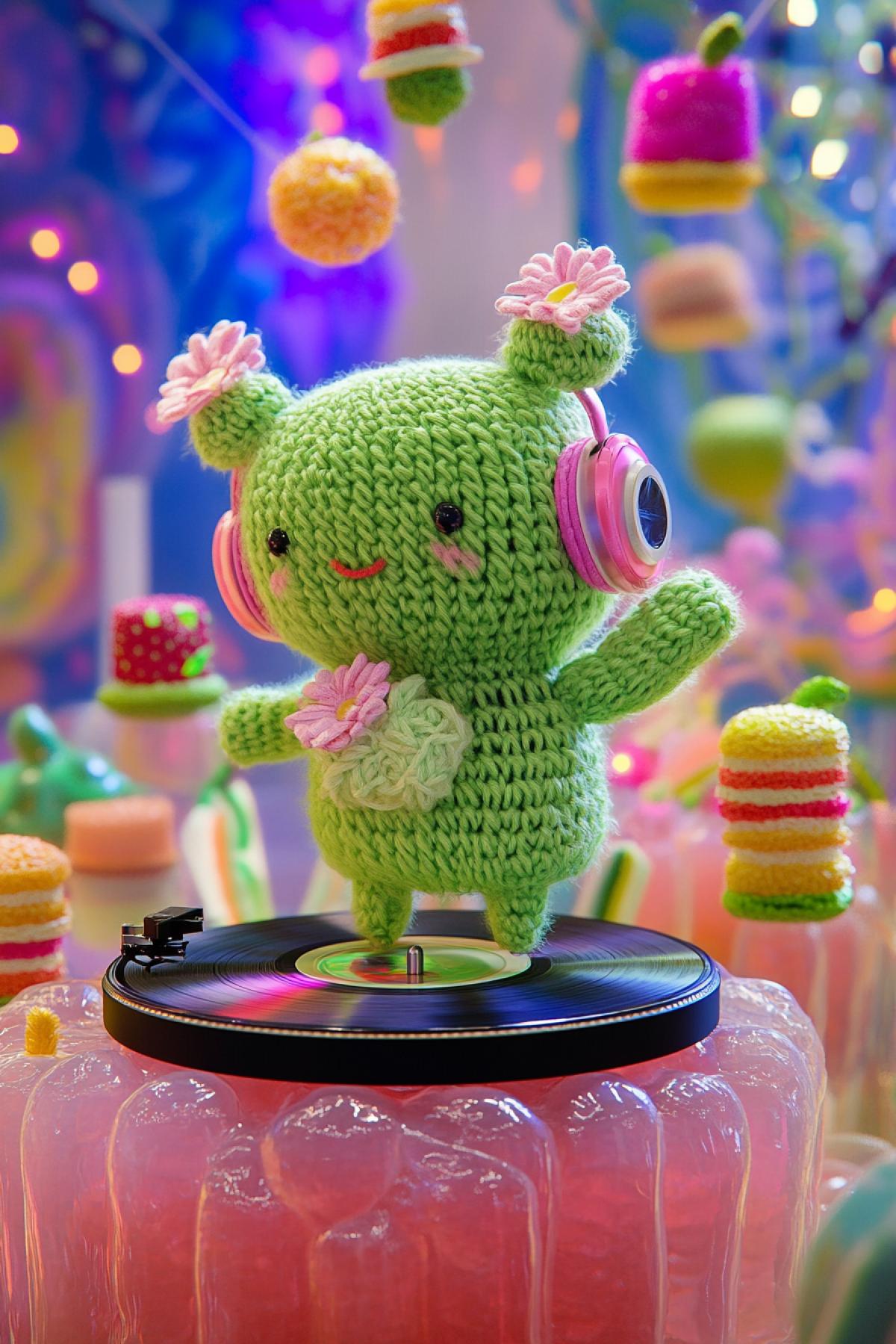 A cute and charming anthropomorphic green cactus, crocheted from mohair and wearing headphones with pink and white flowers, spins records on a turntable mounted on a big jelly trampoline. Tiny dancing fruits and tiny cakes bounce on jelly cubes. Bright, colorful lighting, exaggerated, playful proportions, a whimsical and surreal atmosphere, and concept art highlight humor, absurdity, and movement.