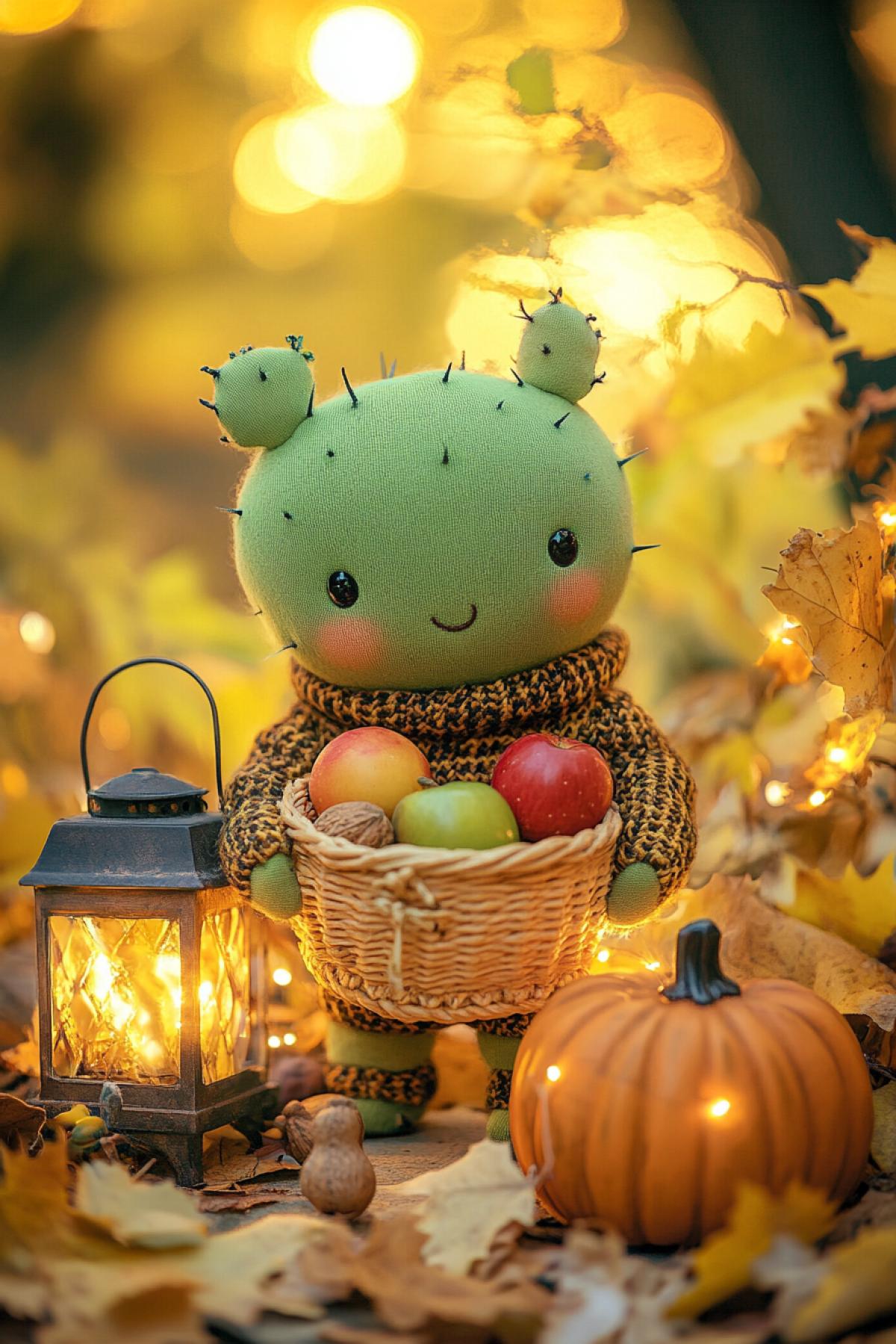 a plush plaything gute little cactus in a soft sweater, carrying a basket of apples and detailednuts, standing under a lantern surrounded by glowing golden pumpkin and autumn foliage, whimsical fairytale fantasy style ar 2:3