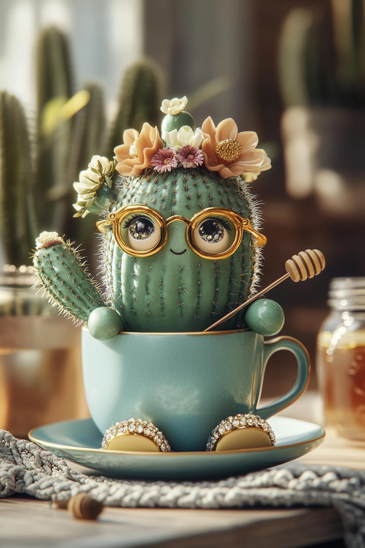 A three-dimensional still life depicting a quirky, adorable little anthropomorphic cactus with sparkling eyes wearing golden rhinestone glasses and a flower crown on its head, sitting on the rim of a light blue ceramic coffee cup and holding a teaspoon. It is wearing small, cute fluffy slippers. There is a knitted napkin and a jar of honey on the table.