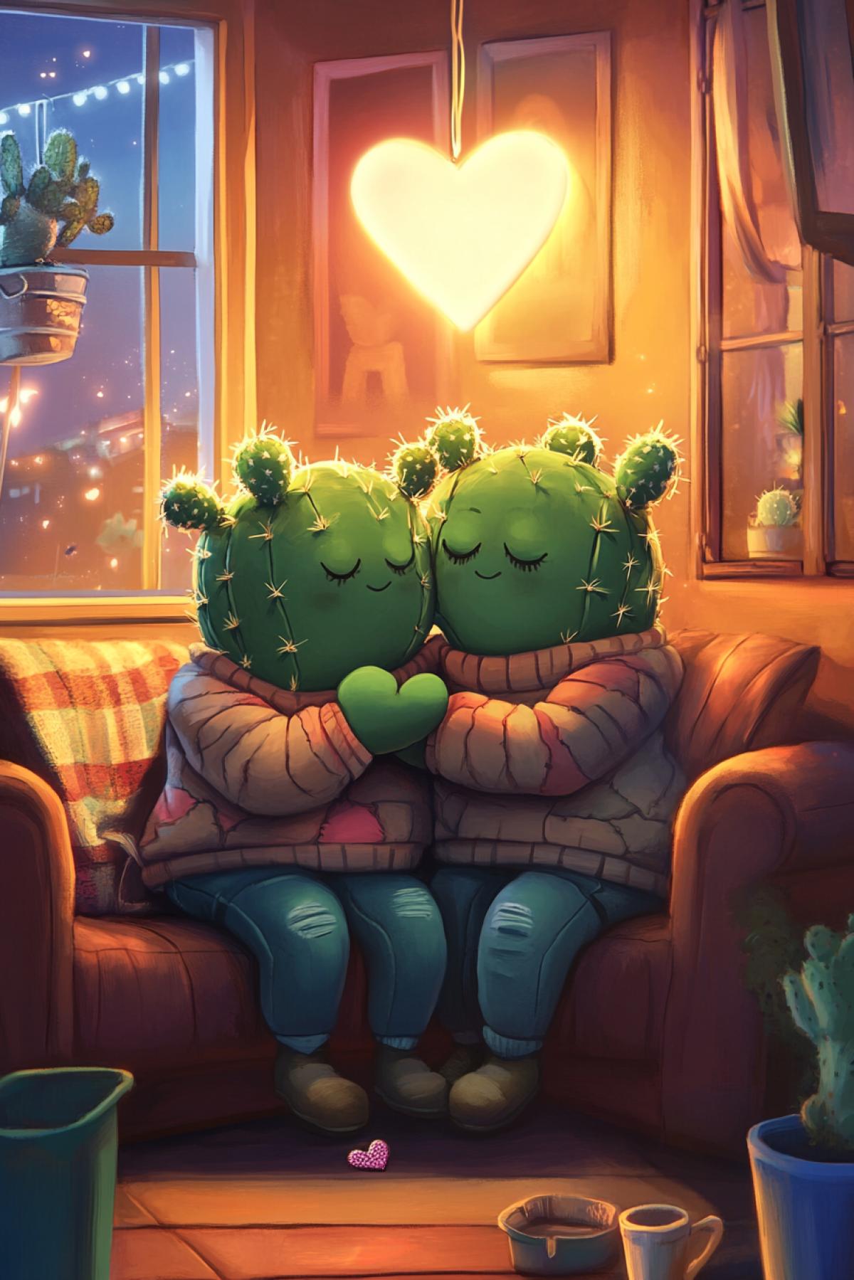a touching scene where two anthropomorphic cacti in cozy sweatshirts are sitting on a cozy couch, and they are both hugging each other warmly. The room has touching details such as a soft patchwork colored blanket and small watering cans on the floor, and above the cacti that are hugging each other, there is a heart-shaped light shining above them, symbolizing the love between them in the Disney style animal world