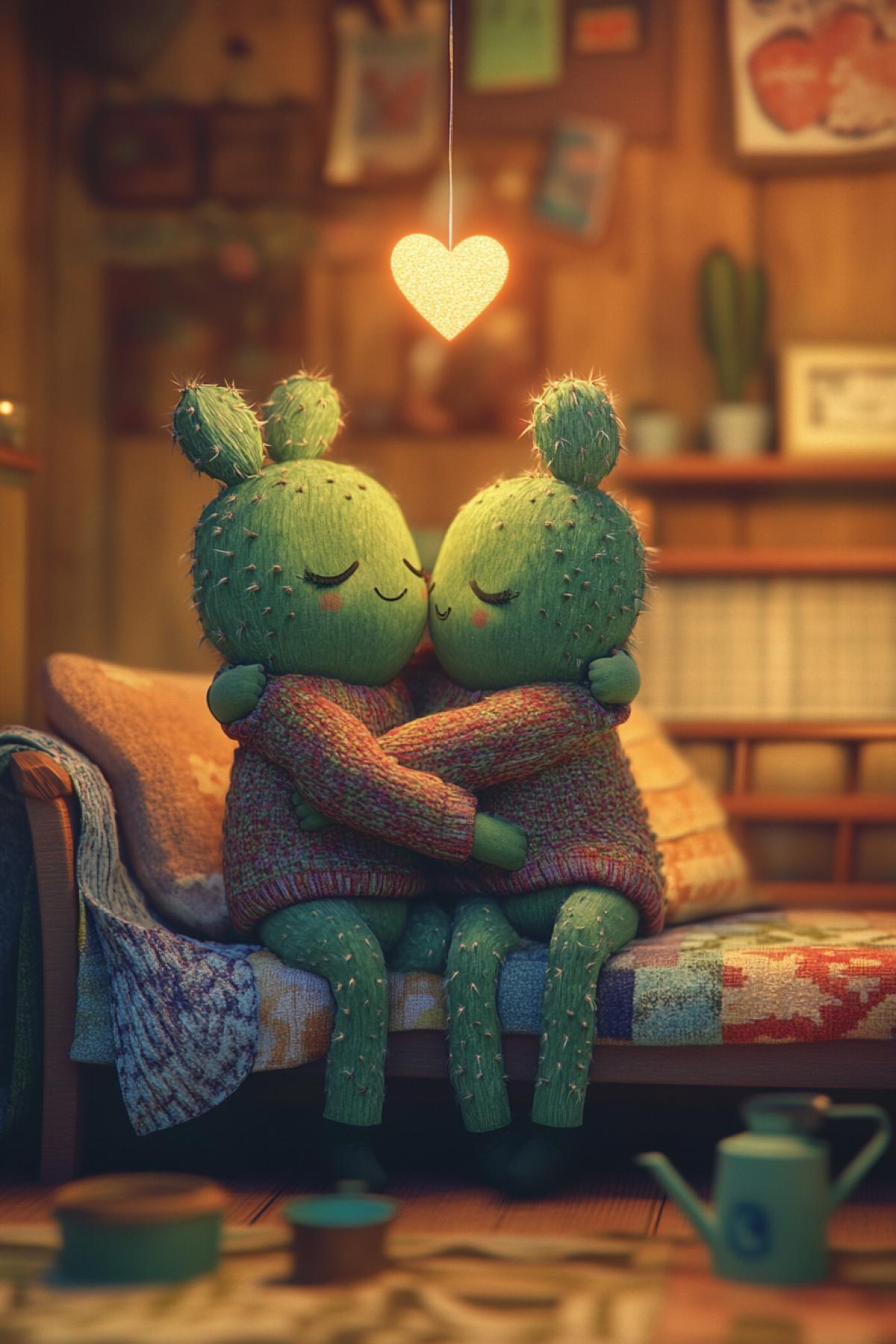 a touching scene where two anthropomorphic cacti in cozy sweatshirts are sitting on a cozy couch, and they are both hugging each other warmly. The room has touching details such as a soft patchwork colored blanket and small watering cans on the floor, and above the cacti that are hugging each other, there is a heart-shaped light shining above them, symbolizing the love between them in the Disney style animal world